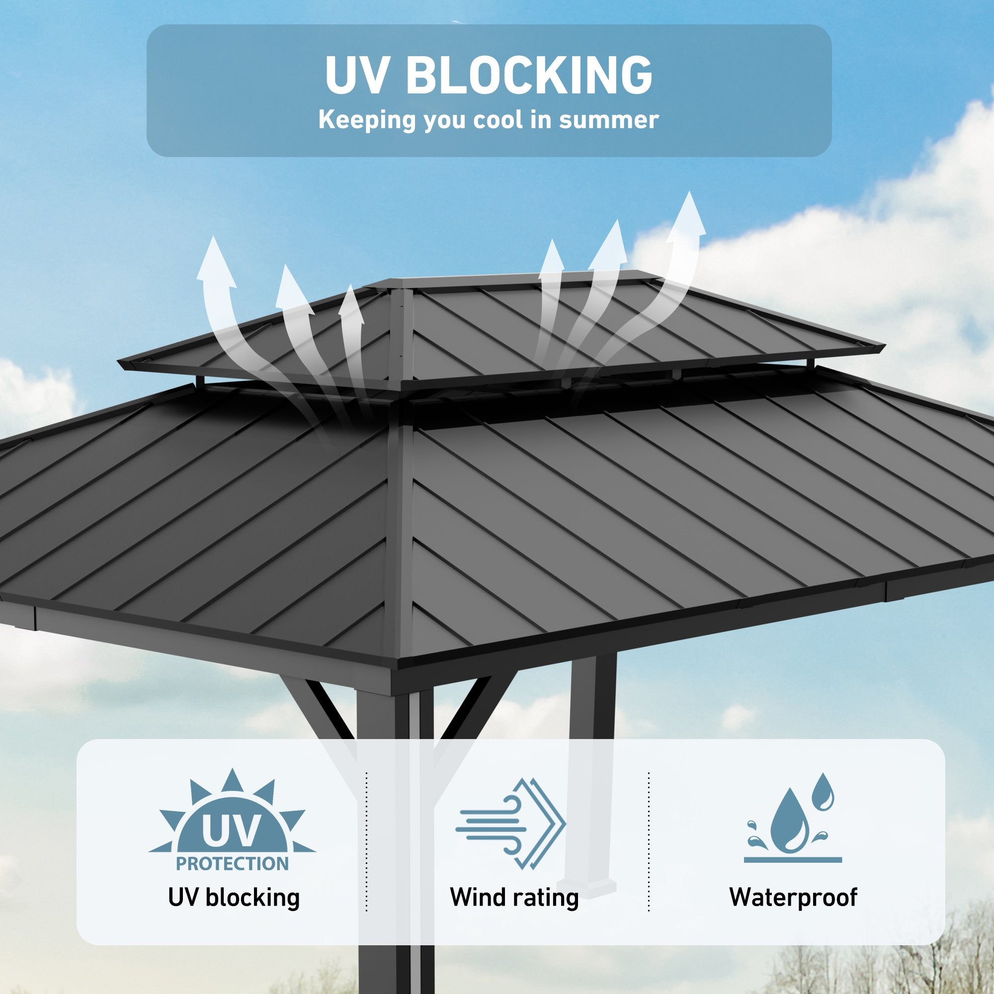 FONA 12'x16' Permanent Hardtop Gazebo,Aluminum Frame & Double Roof,LED Lights,Black