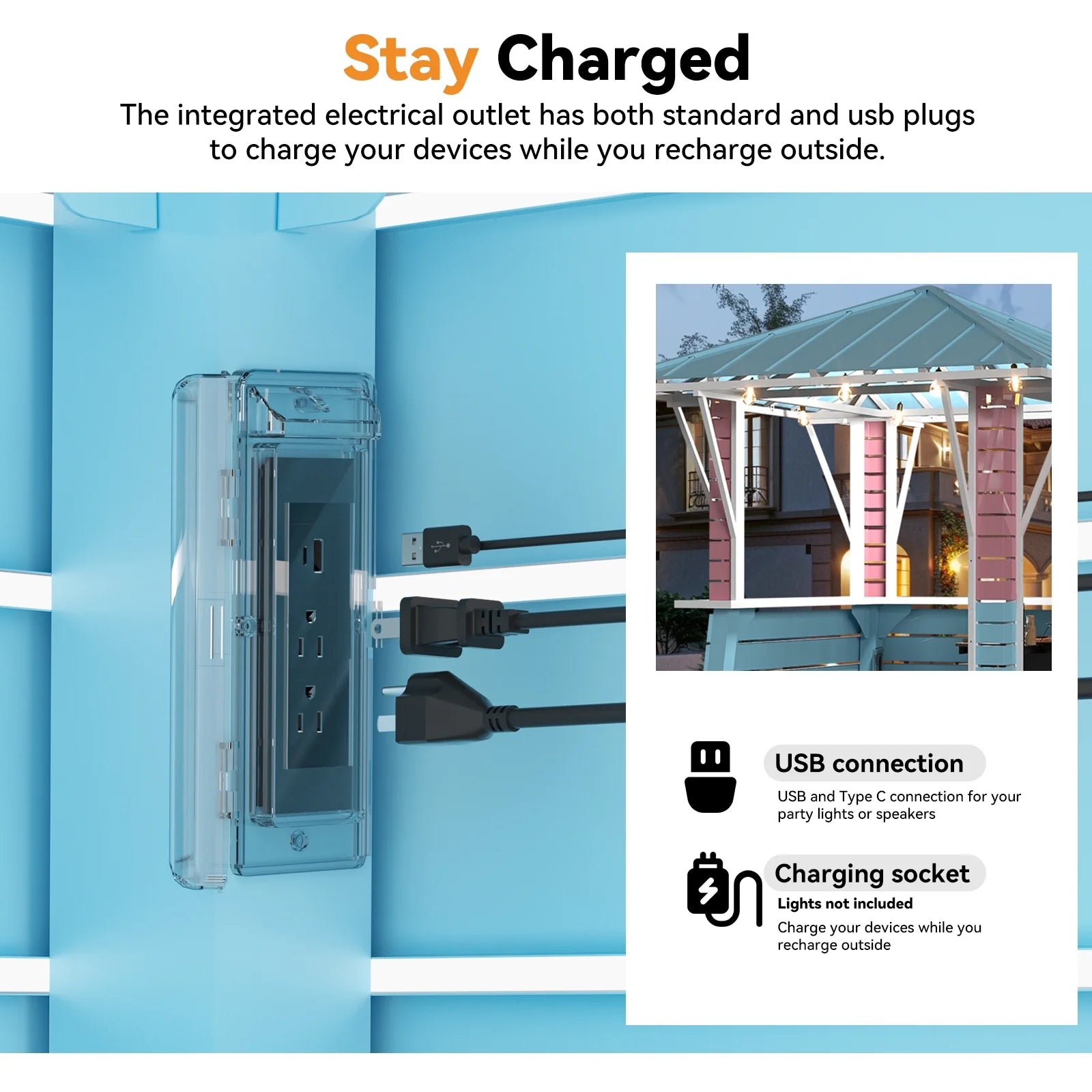 Modern Shade Outdoor Gazebo 8' x 8', Grill Gazebo with USB Charging Socket and Hooks, Patio Gazebo with 2 open sides, Galvanized Steel Pavilion for Swimming pool, Backyard, BBQ, Party