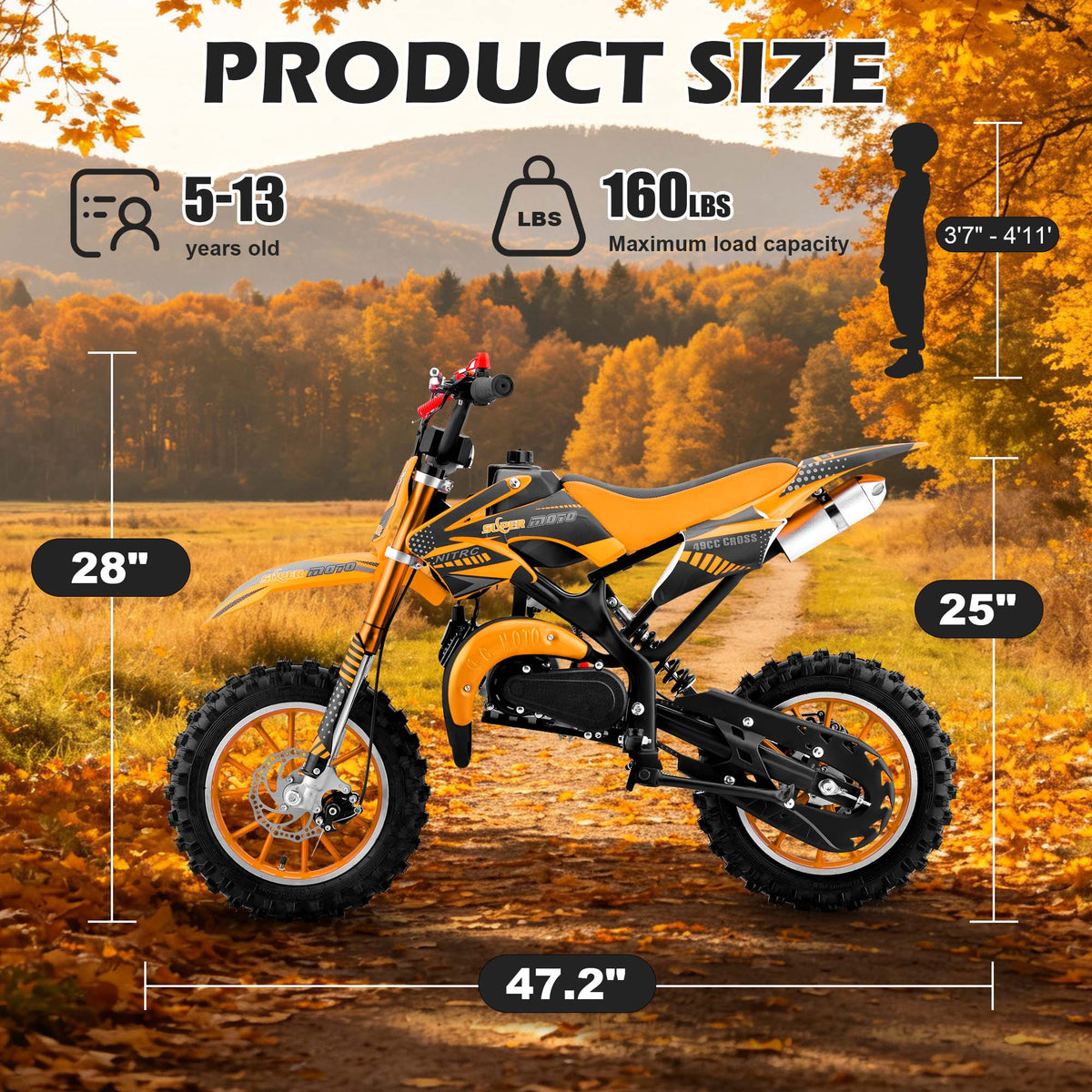Gpower Gasoline 49cc Dirt Bike for Kids 6-15,2-Stroke Gas Power Mini Dirt Bike,1-Seater,Orange