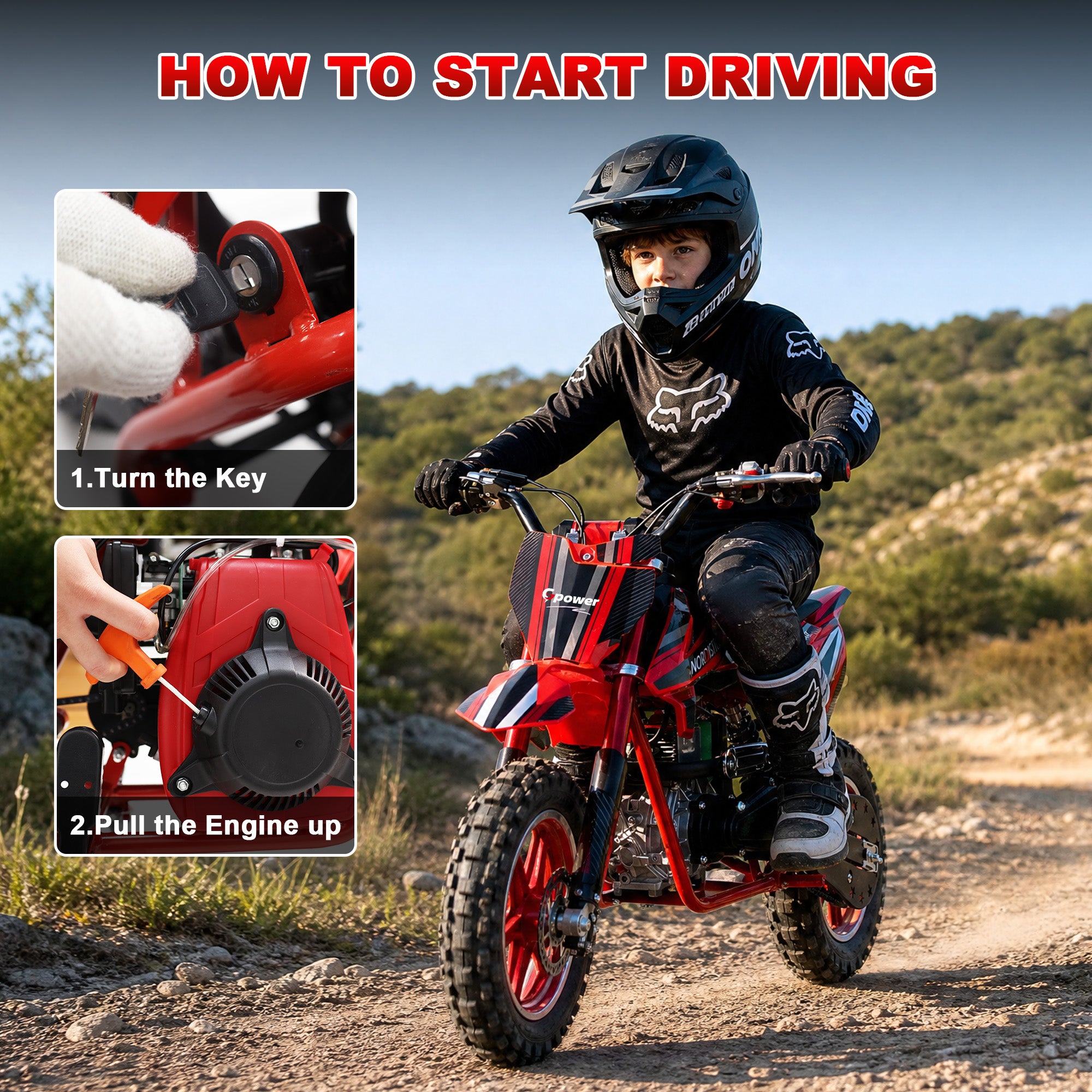 Gpower 50cc 4-Stroke Dirt Bike for Kids 13-17, Gas Power Mini Dirt Bike,1-Seater,Red