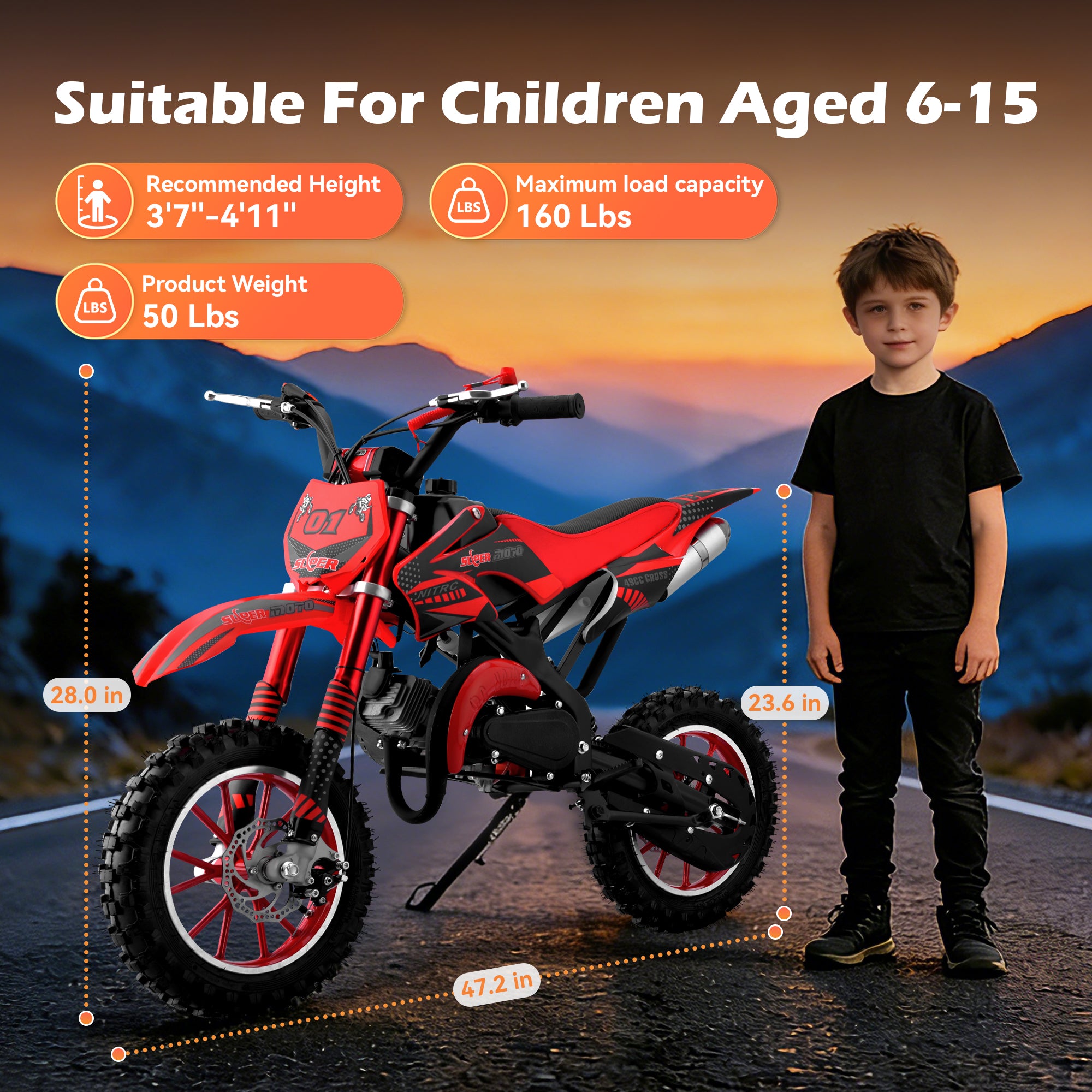 Gpower Mini Dirt Bike, 49cc 2-Stroke Gasoline Motorcycle for Kids 6-15 Years Old, Red