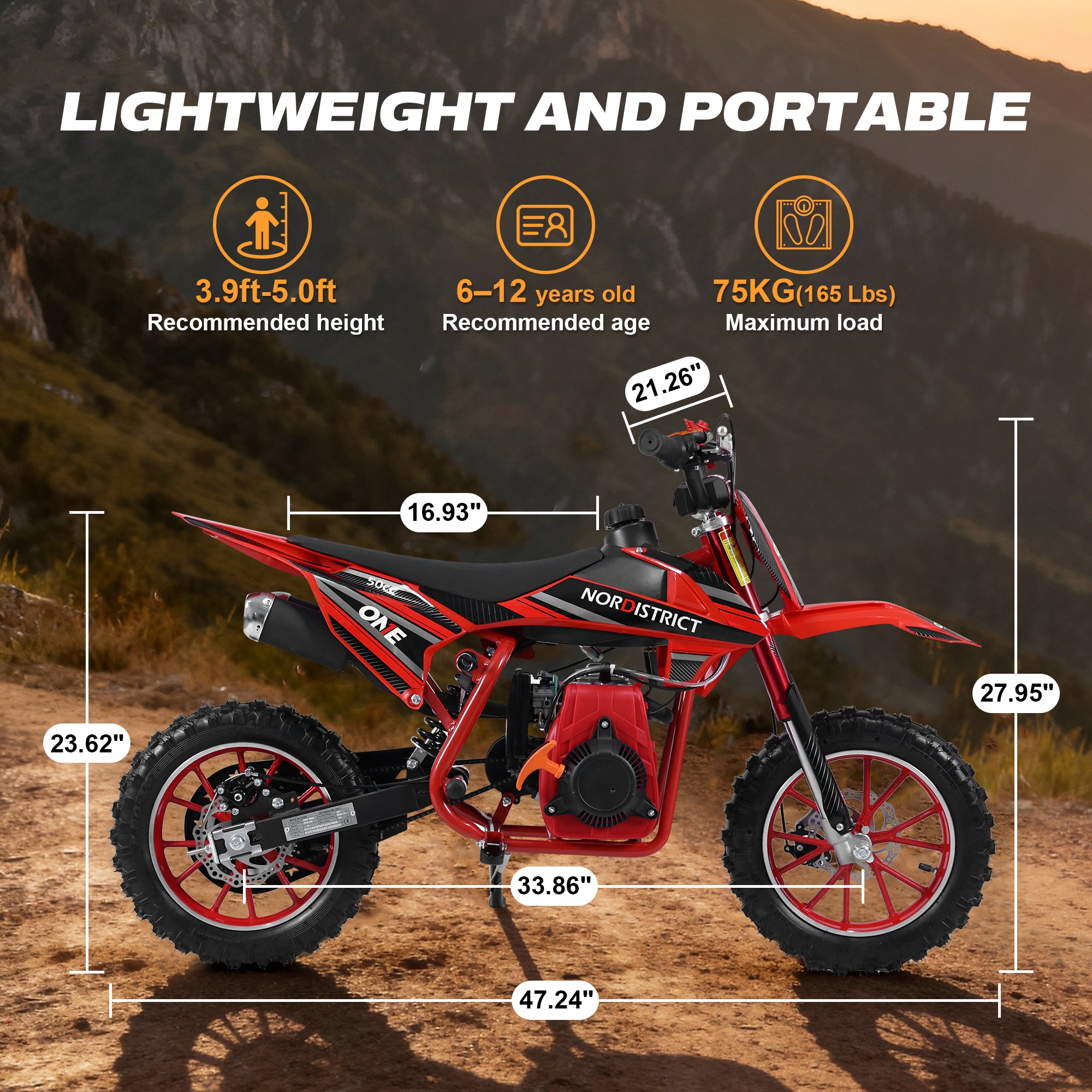 Ktoebyco 50cc Dirt Bike for Kids 6-12,4-Stroke Gas Power Mini Motorcycle,1-Seater,2L Fuel Capacity,Red
