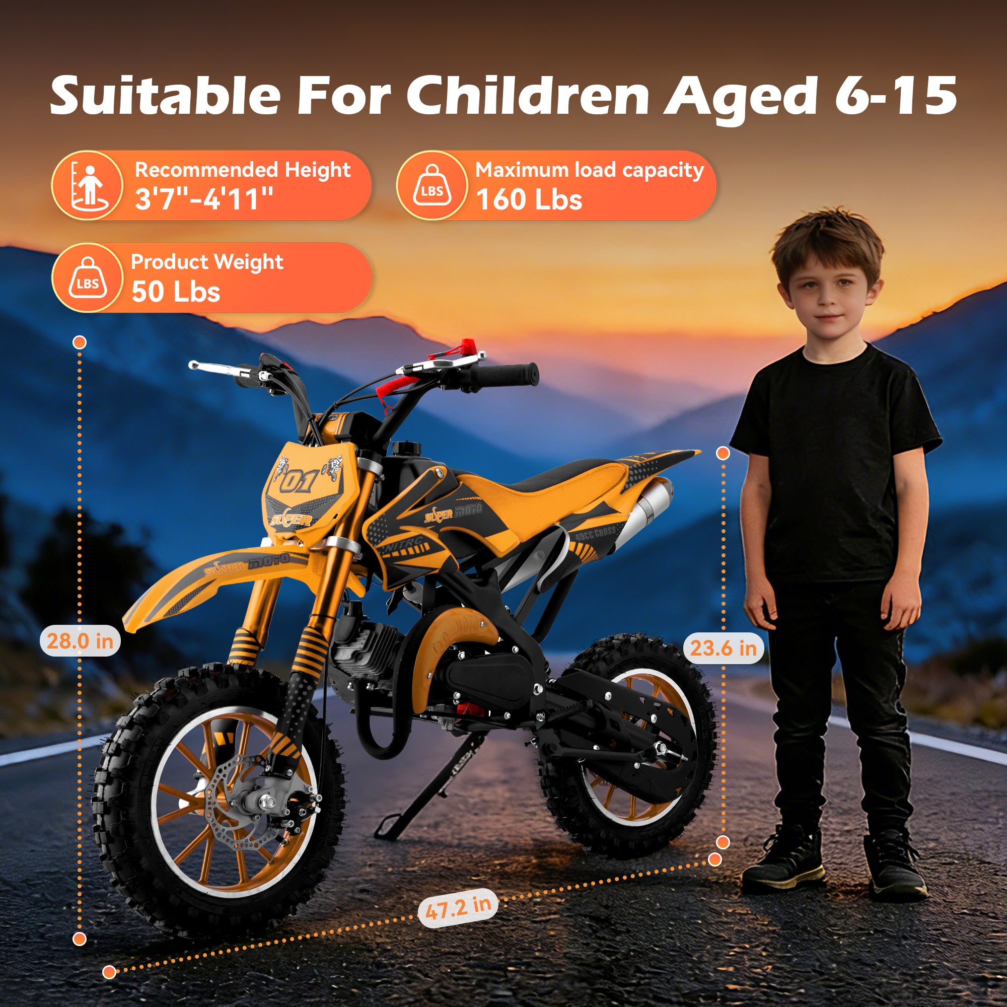 Gpower Gasoline 49cc Dirt Bike for Kids 6-15,2-Stroke Gas Power Mini Dirt Bike,1-Seater,Orange