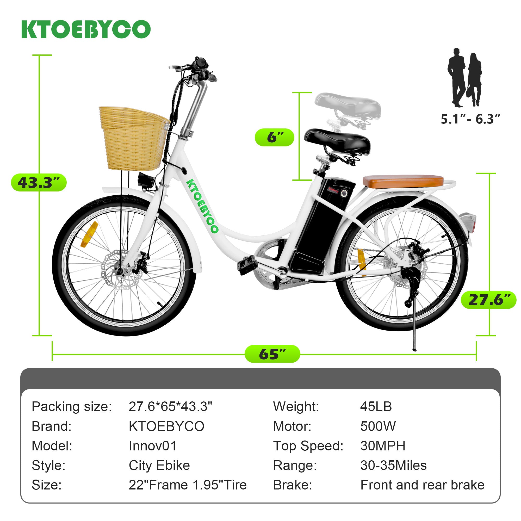 KTOEBYCO 750W Electric Bike for Adults,22" Tire,48V10A Lithium Battery,City E-Bike up to 30MPH