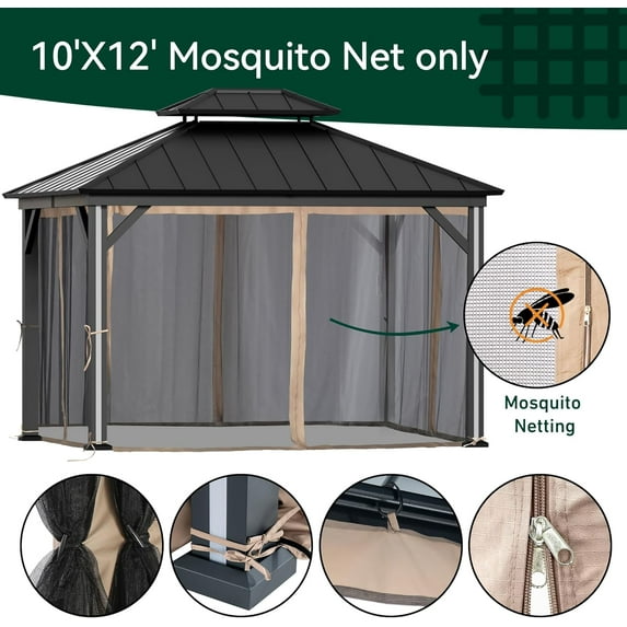 FONA Gazebo Mosquito Netting Replacement Universal 4-Panel Sidewalls 10' x 12', Outdoor Gazebo Mosquito Nettings with Double Zipper, Replacement for Patio Canopy, Garden