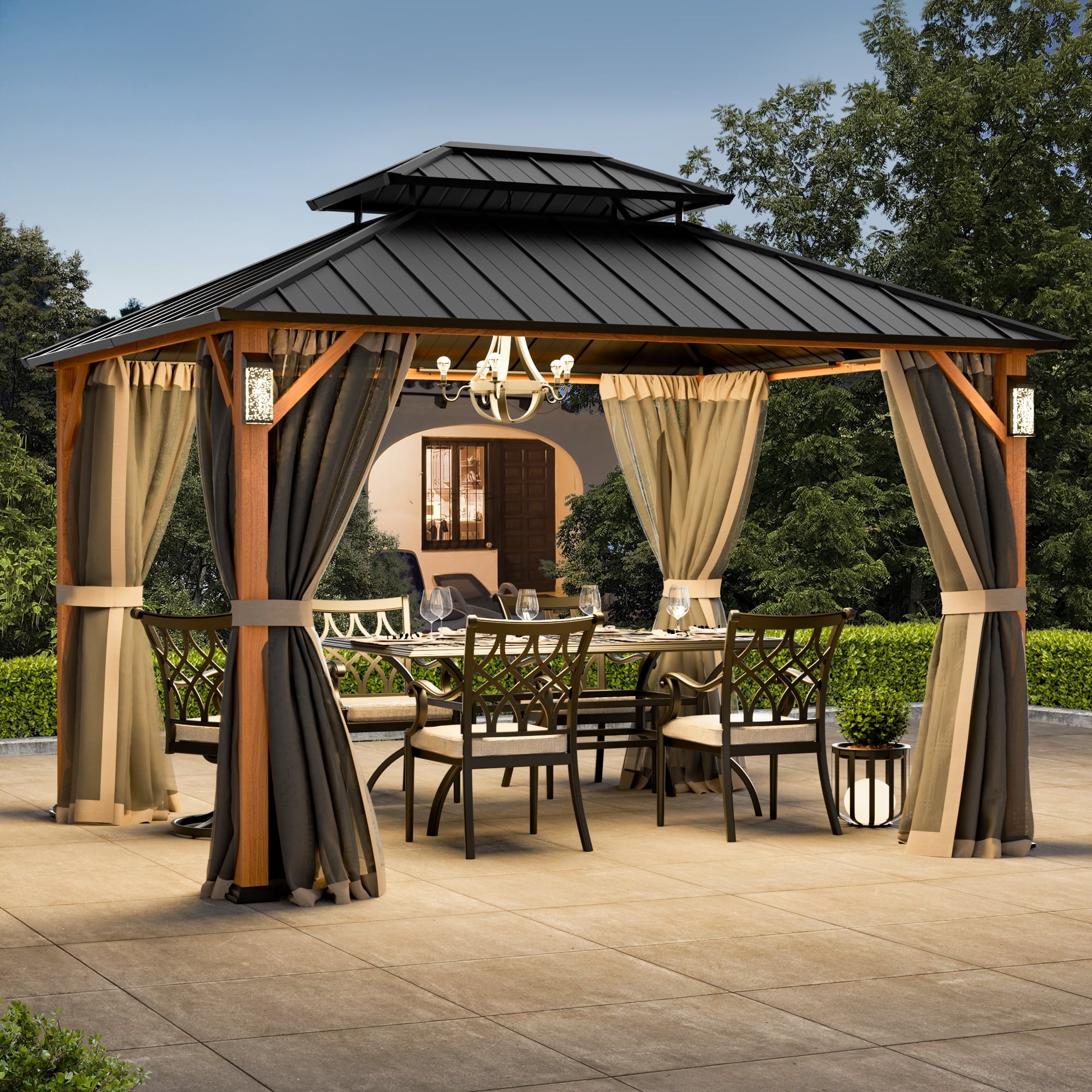 FONA 12'x14' Permanent Hardtop Gazebo with LED Lights,Double Roof,Mosquito Netting & Hooks