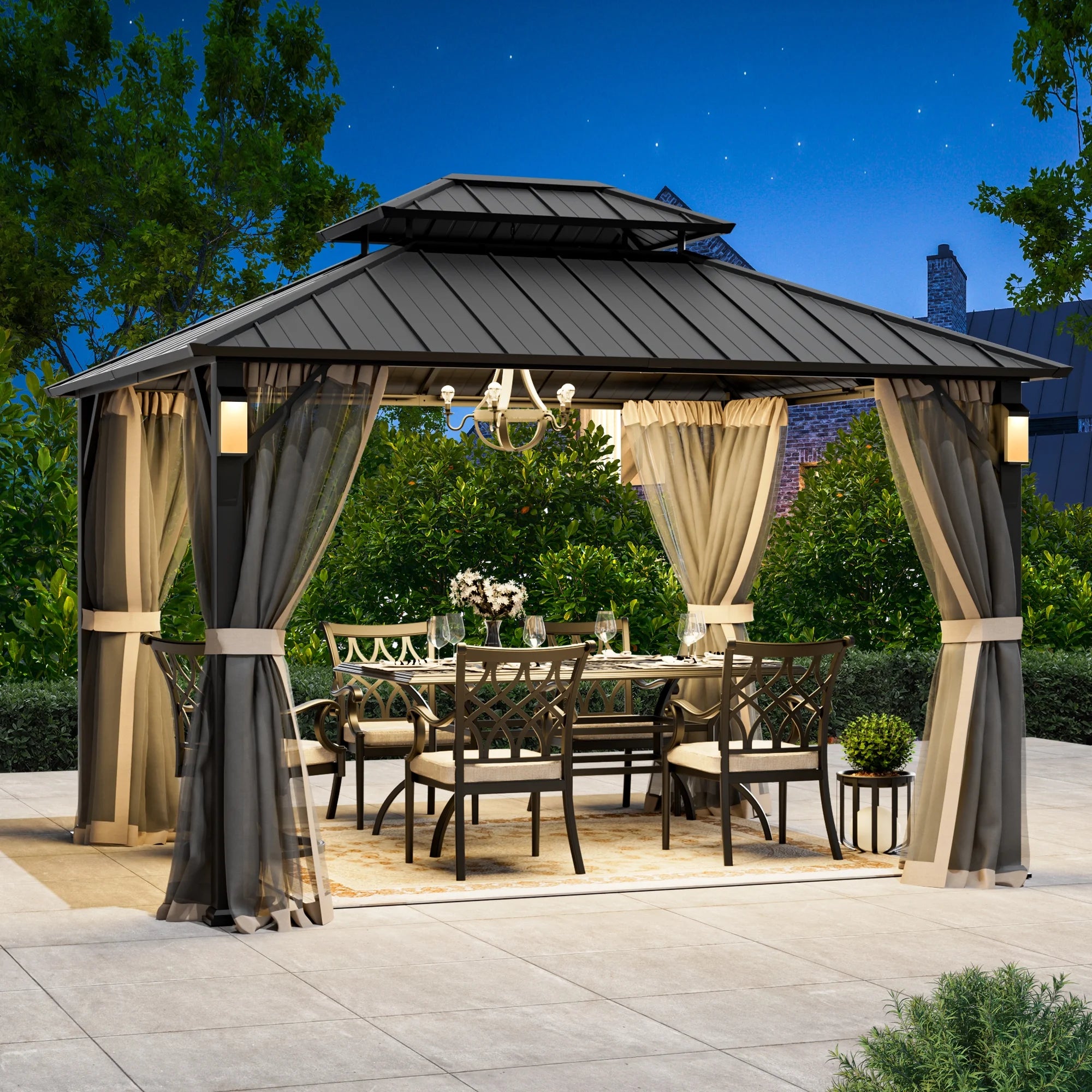 FONA 10'x12'Hardtop Gazebo with LED Light,Double Roof,Mosquito Netting & Hooks,Outdoor Pavilion,Black