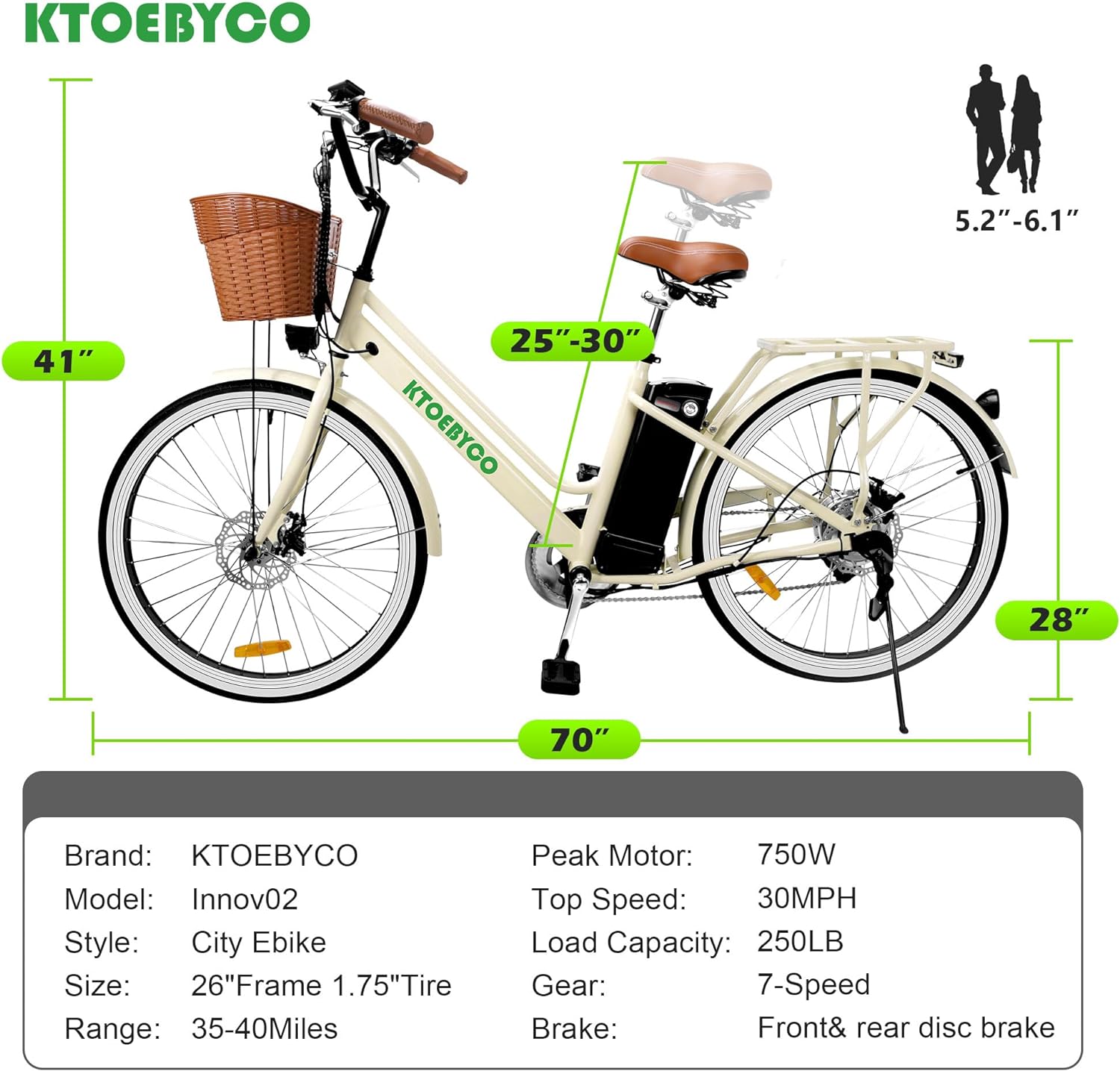 KTOEBYCO Electric City Bike for Adults 26",Peak 750W E-Commuter Bikes 48V 10AH UL2849,Beige