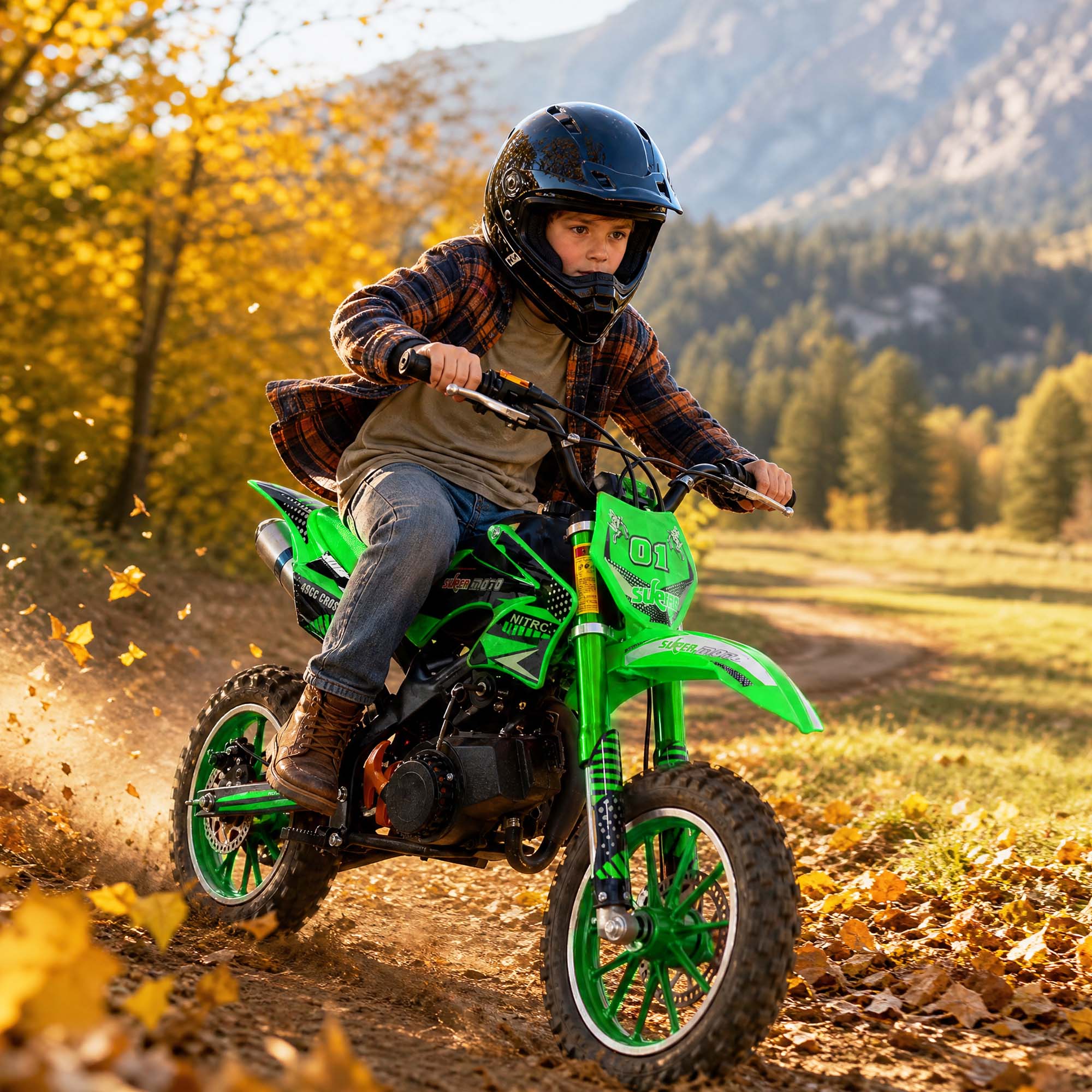 Gpower Gasoline 49cc Dirt Bike for Kids 13-17,2-Stroke Gas Power Mini Dirt Bike,Green