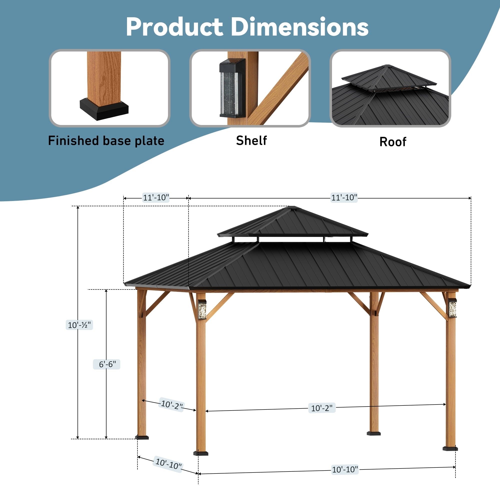 FONA 12'x14' Permanent Hardtop Gazebo with LED Lights,Double Roof,Mosquito Netting & Hooks