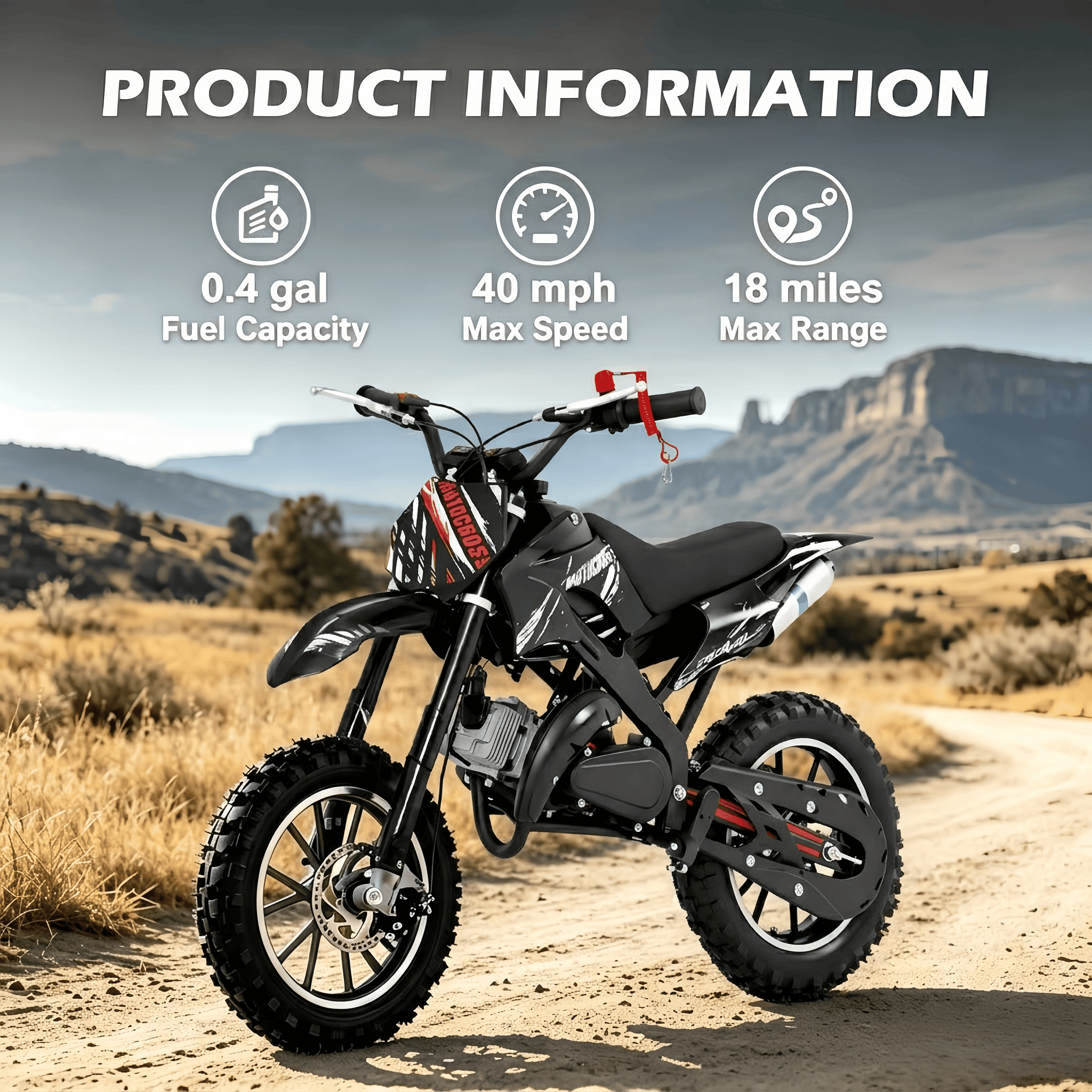 Epicord 50cc Kid Dirt Bike,2-Stroke Gas Mini Bike for Kids 8-14 Shock Absorption,Pull Start,Max Speed 40 MPH, 160 lb Capacity,Black