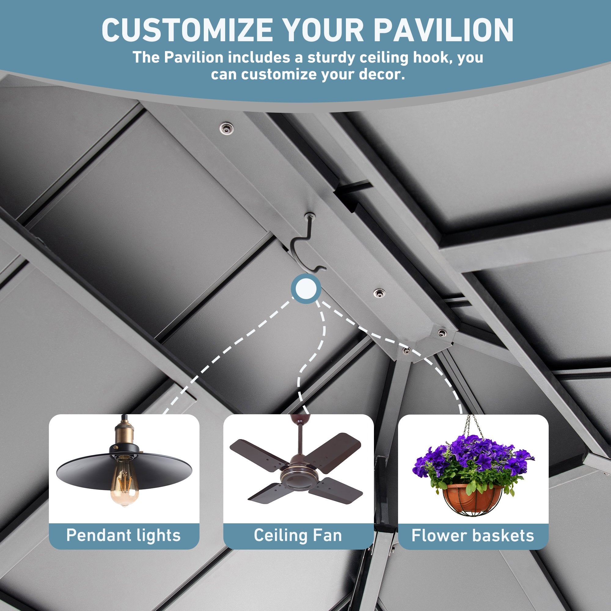 FONA 12'x16' Permanent Hardtop Gazebo,Aluminum Frame & Double Roof,LED Lights,Black