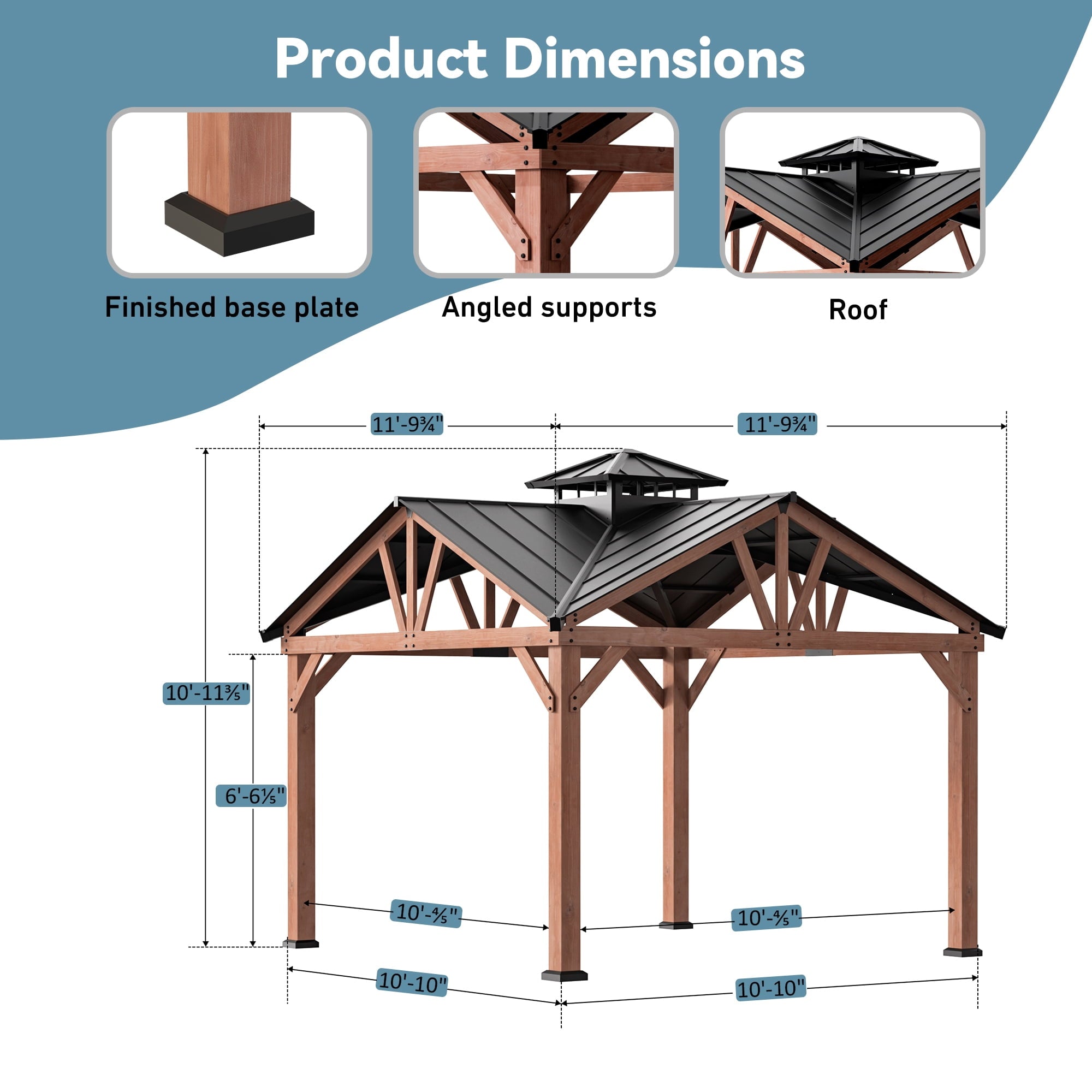 FONA 12'x12'Cedar Wood Gazebo,Heavy Duty Steel Roof,Water&Wind Resistant,Permanent Outdoor Pavilion