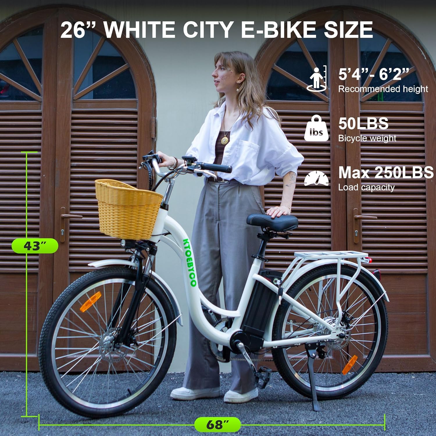 KTOEBYCO Electric City Bike for Adults 26",Peak 750W E-Commuter Bikes 48V 10AH UL2849,White