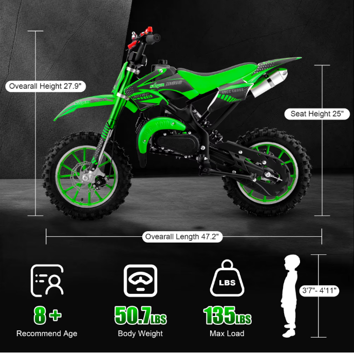 Epicord 50cc Kid Dirt Bike,2-Stroke Gas Mini Bike for Kids 8-14 Shock Absorption,Pull Start,Max Speed 40 MPH, 160 lb Capacity,Green