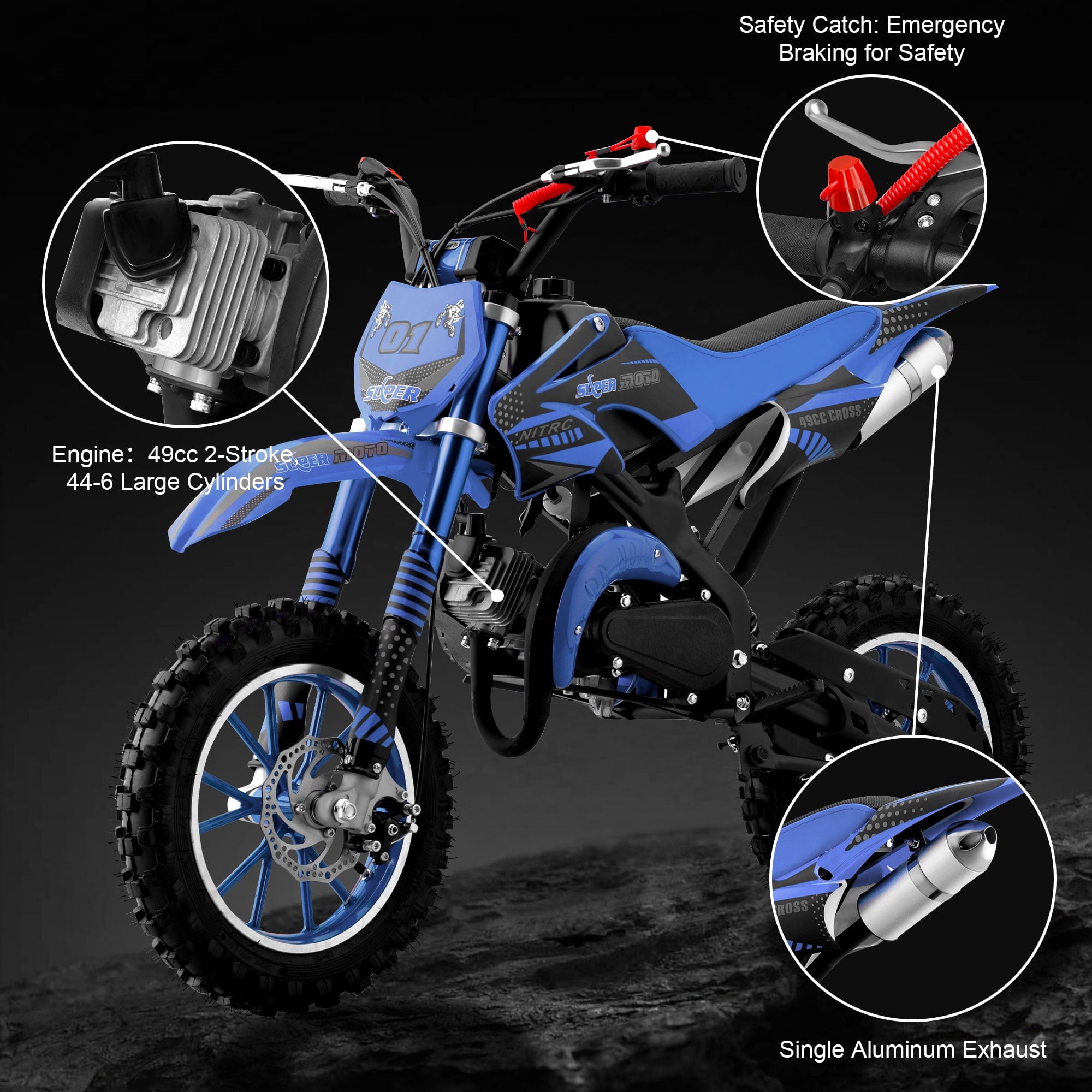 Ktoebyco 49cc Kids Dirt Bike, Gasoline Powered 2-Stroke Mini Motorcycle, 1-Seater, 1.5L Fuel Capacity, Blue