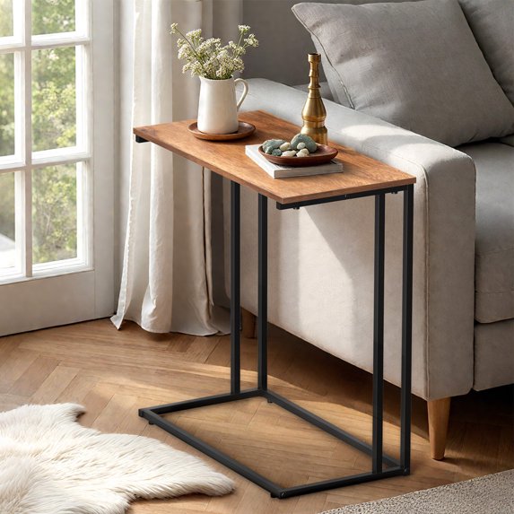 Krpimt C-Shaped End Table for Sofa & Bed Small Side Table with Metal Frame for Bedroom, Living Room, Rustic Brown