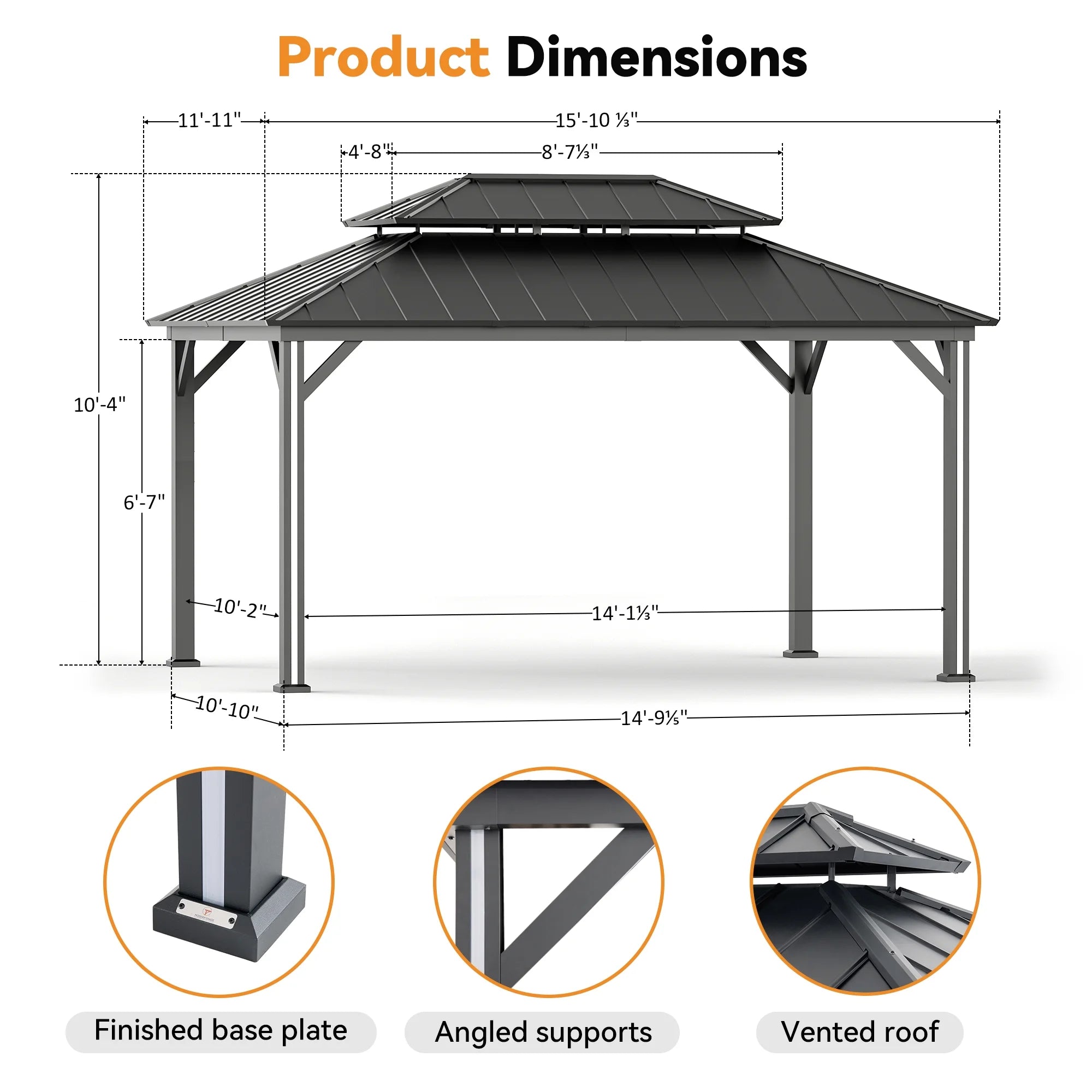 Modern Shade Permanent Hardtop Gazebo 12' x 16' with 4 LED Lights, Outdoor Gazebo with Double Roof, Aluminum Frame, Patio Gazebo with USB Charging Port Deck, Mosquito Netting and Curtains, Black