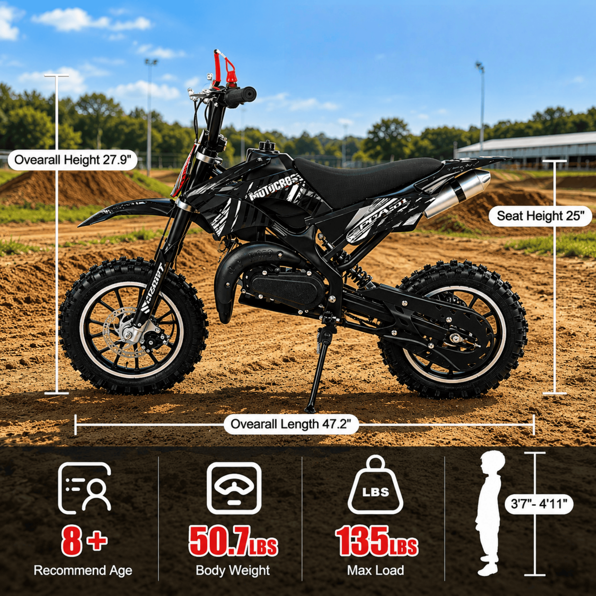 Ktoebyco 49cc Kids Mini Dirt Bike, 2-Stroke Gas-Powered Motorcycle, 1.5L Fuel Capacity, Black