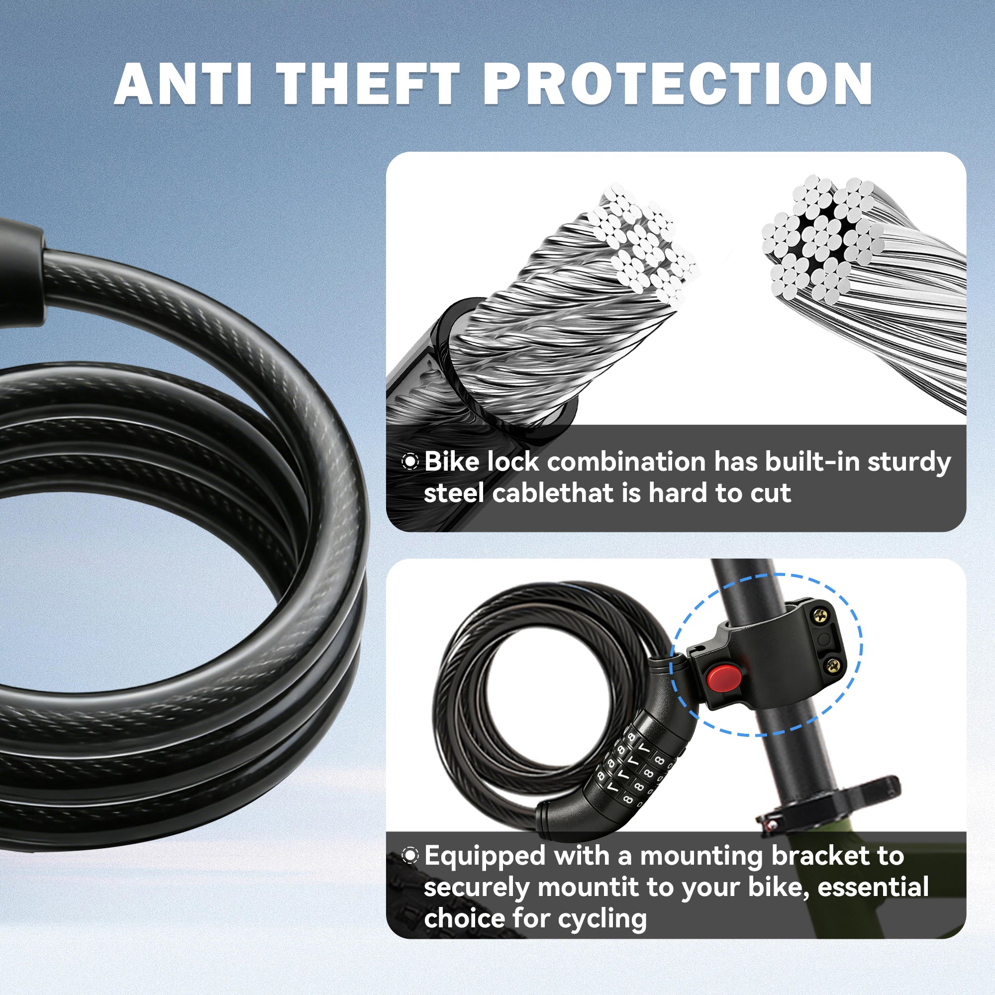 Ktoebyco Bike Lock with Combination 4 ft Bicycle Lock Anti-Theft 4 Digit Resettable Cable Lock
