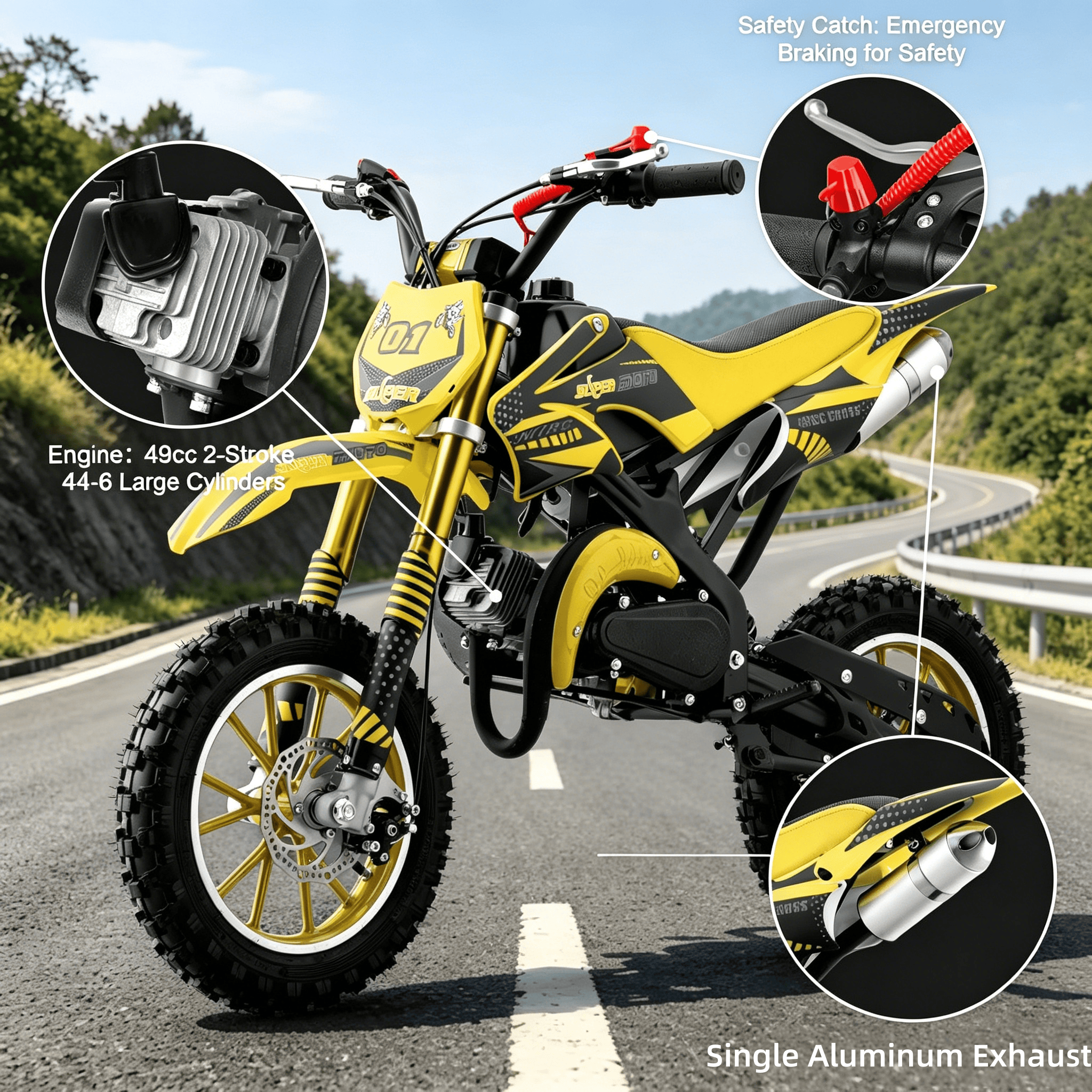Ktoebyco 49cc Kids Dirt Bike, Gasoline Powered 2-Stroke Mini Motorcycle, 1-Seater, 1.5L Fuel Capacity, Yellow