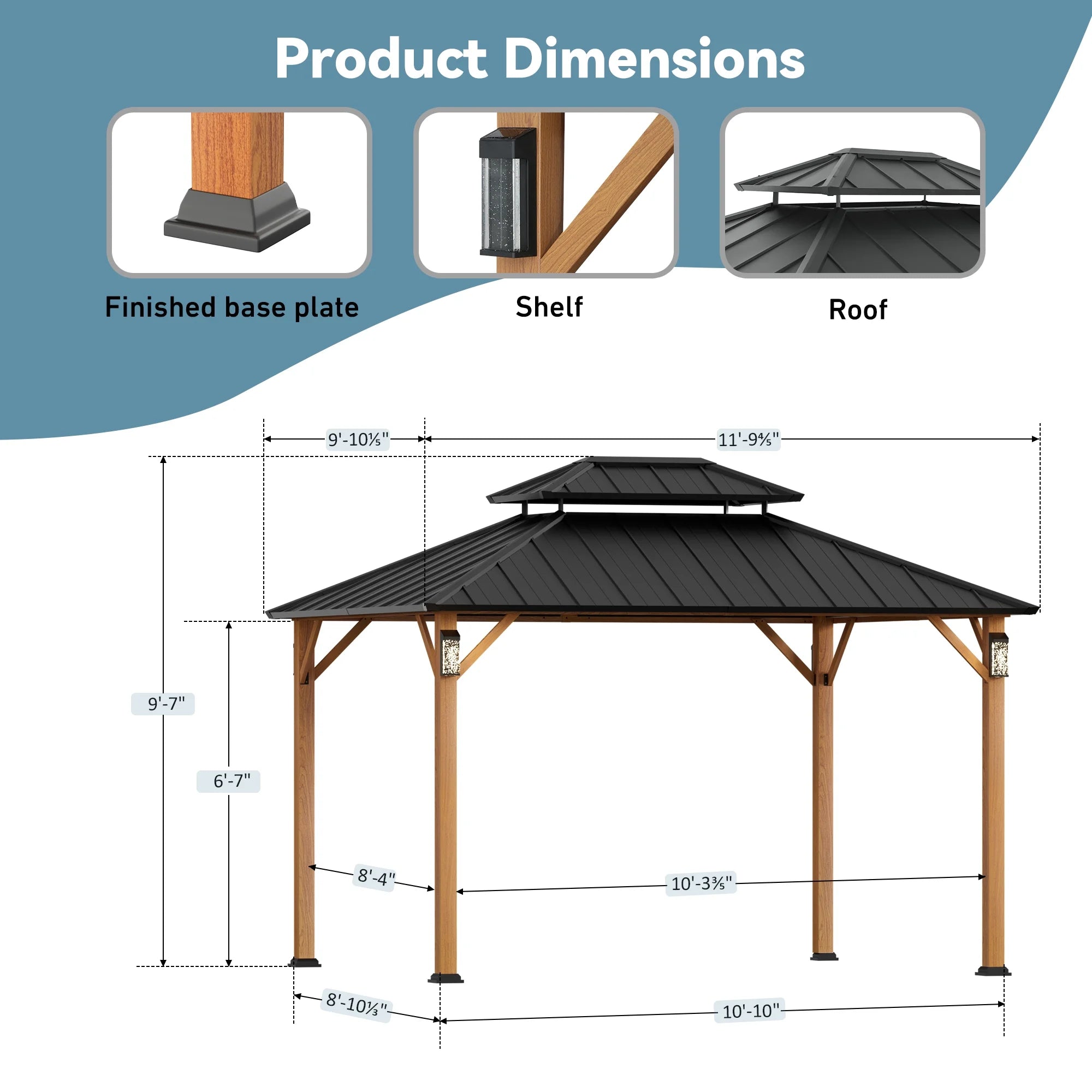 FONA Modern Shade 10'x12' Wood-Look Hardtop Gazebo with LED Lights,Double Roof & Netting