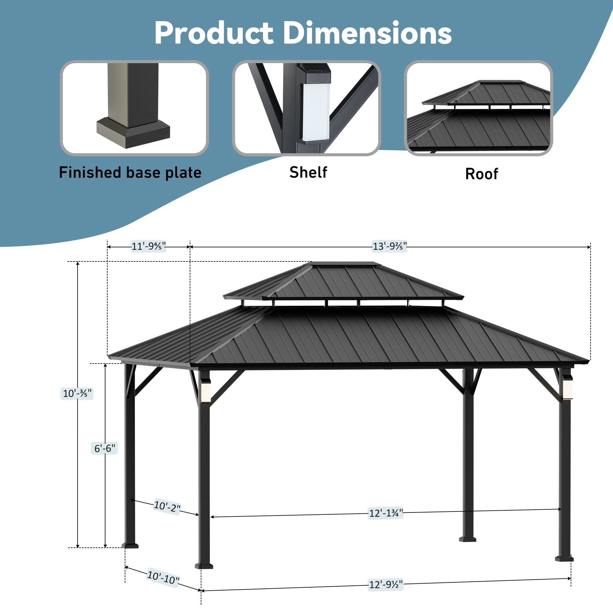 FONA 12'x14' Permanent Hardtop Gazebo with LED Lights,Netting & Hooks,Black