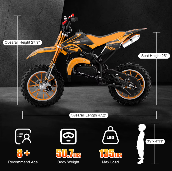 Epicord 50cc Kid Dirt Bike,2-Stroke Gas Mini Bike for Kids 8-14 Shock Absorption,Pull Start,Max Speed 40 MPH, 160 lb Capacity,Orange