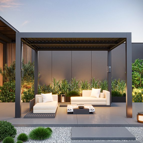 FONA 10'x10' Aluminum Louvered Pergola, Adjustable Roof, USB Charging, Black for Patio