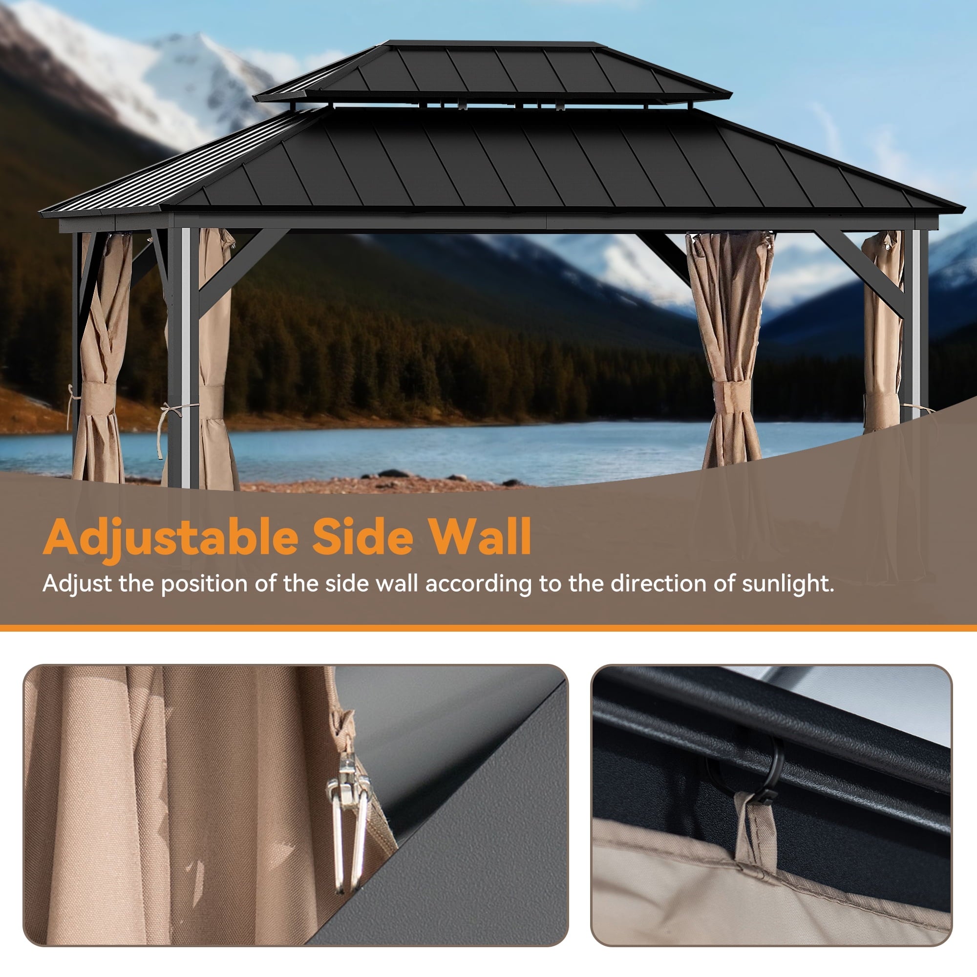 Covered Outdoor Gazebo Curtain Replacement Universal 4-Panel Sidewalls 12' x 16', Outdoor Gazebo Privacy Curtains with Zipper (Curtain Only)