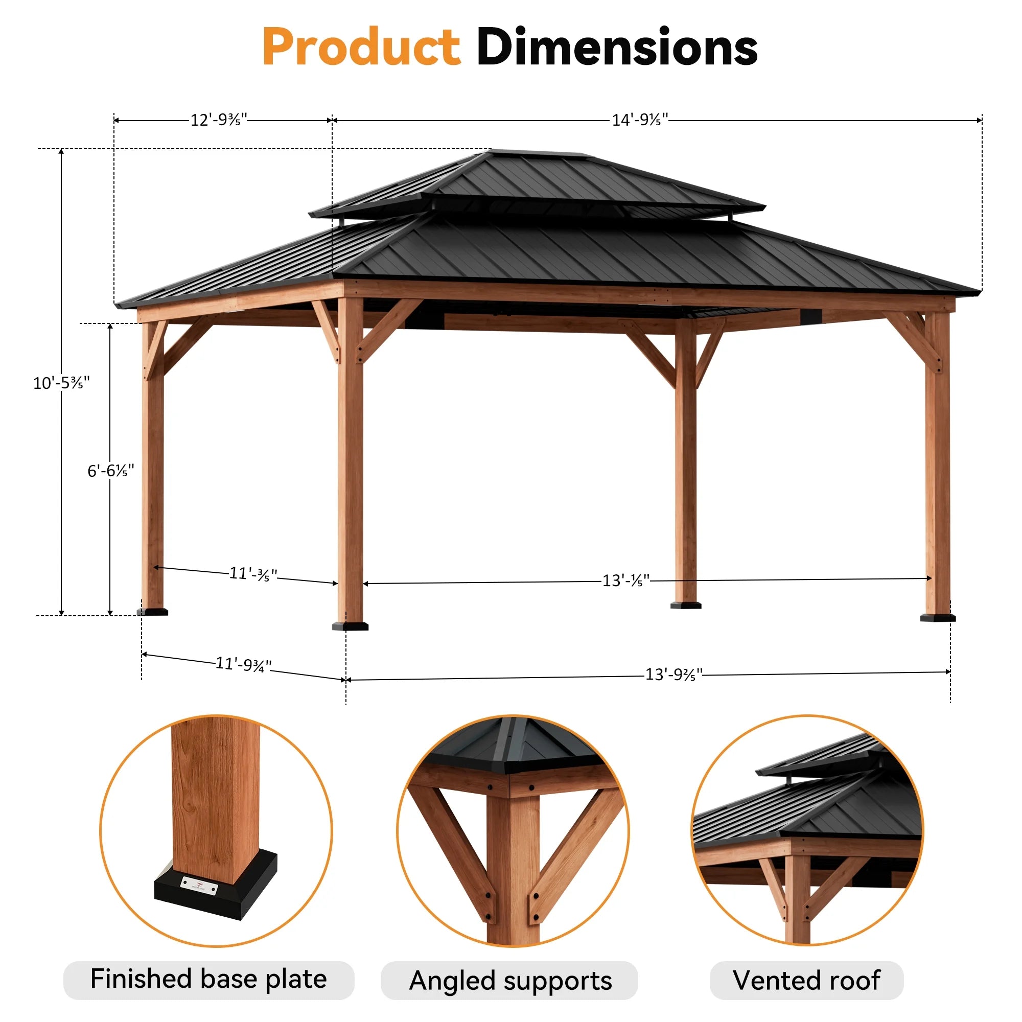 Modern Shade 13x15 Wood Gazebo,Cedar Framed Wooden Hard-Top Gazebo,Double Galvanized Steel Roof,with Mosquito Net