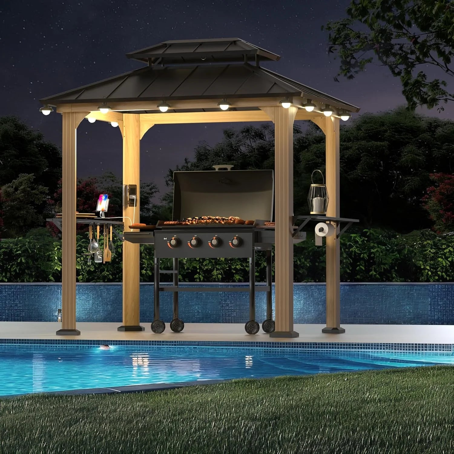 Modern Shade Grill Gazebo 6' X 8', Permanent Aluminum BBQ Gazebos with Shelves and Paper Towel Holder, Grill Canopy with Galvanized Steel Roof, Grill Gazebo with Charging Ports, Wood-Looking