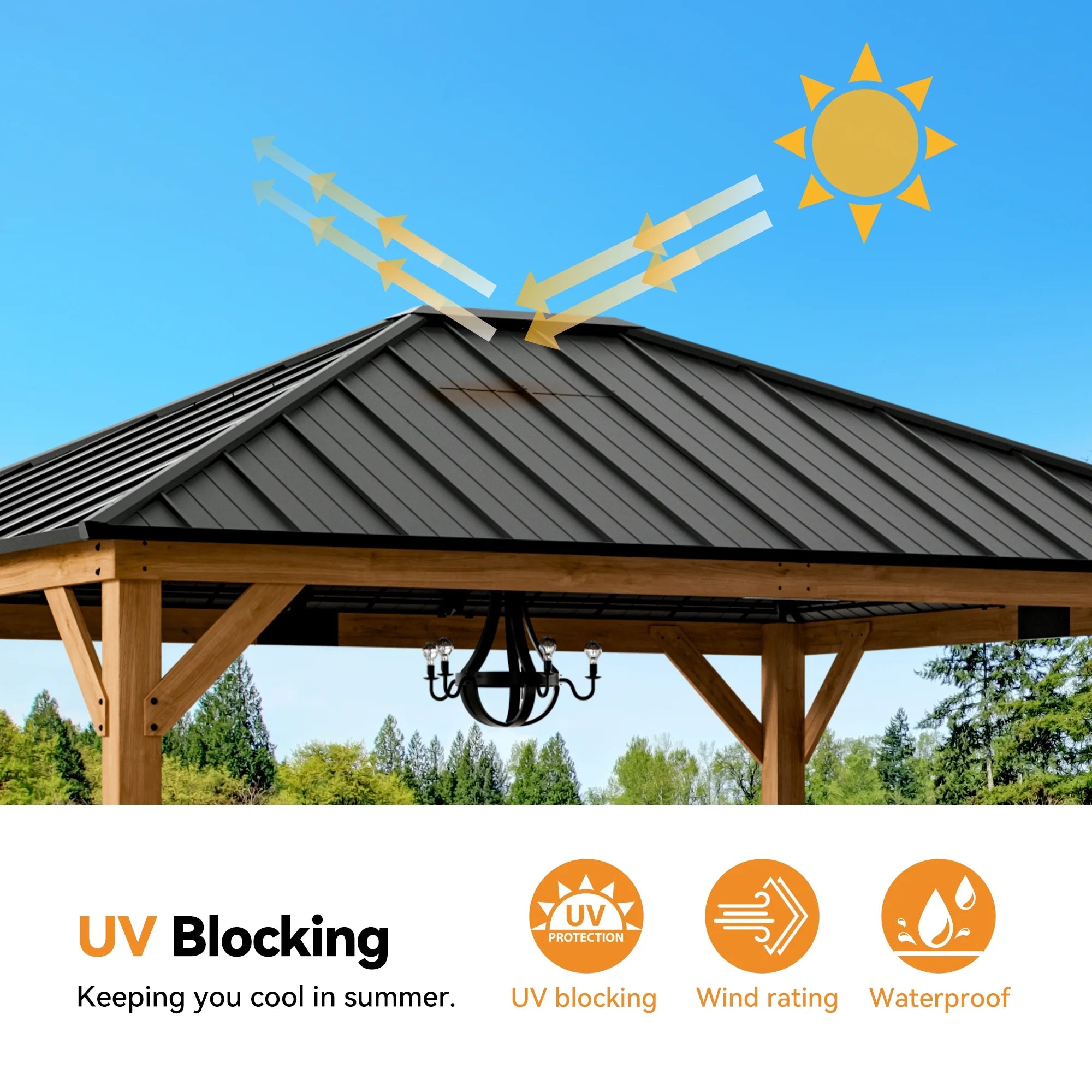 Modern Shade 12x14 Wood Gazebo,Permanent Hardtop Gazebo with Mosquito Net,with Galvanized Steel Roof Hardtop