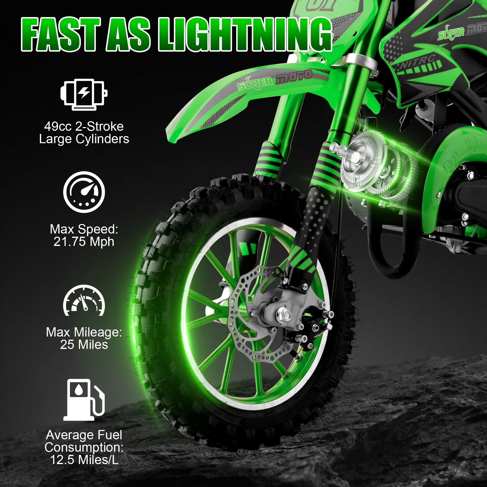 Ktoebyco 49cc Kids Mini Dirt Bike, 2-Stroke Gas-Powered Motorcycle, 1.5L Fuel Capacity,Green