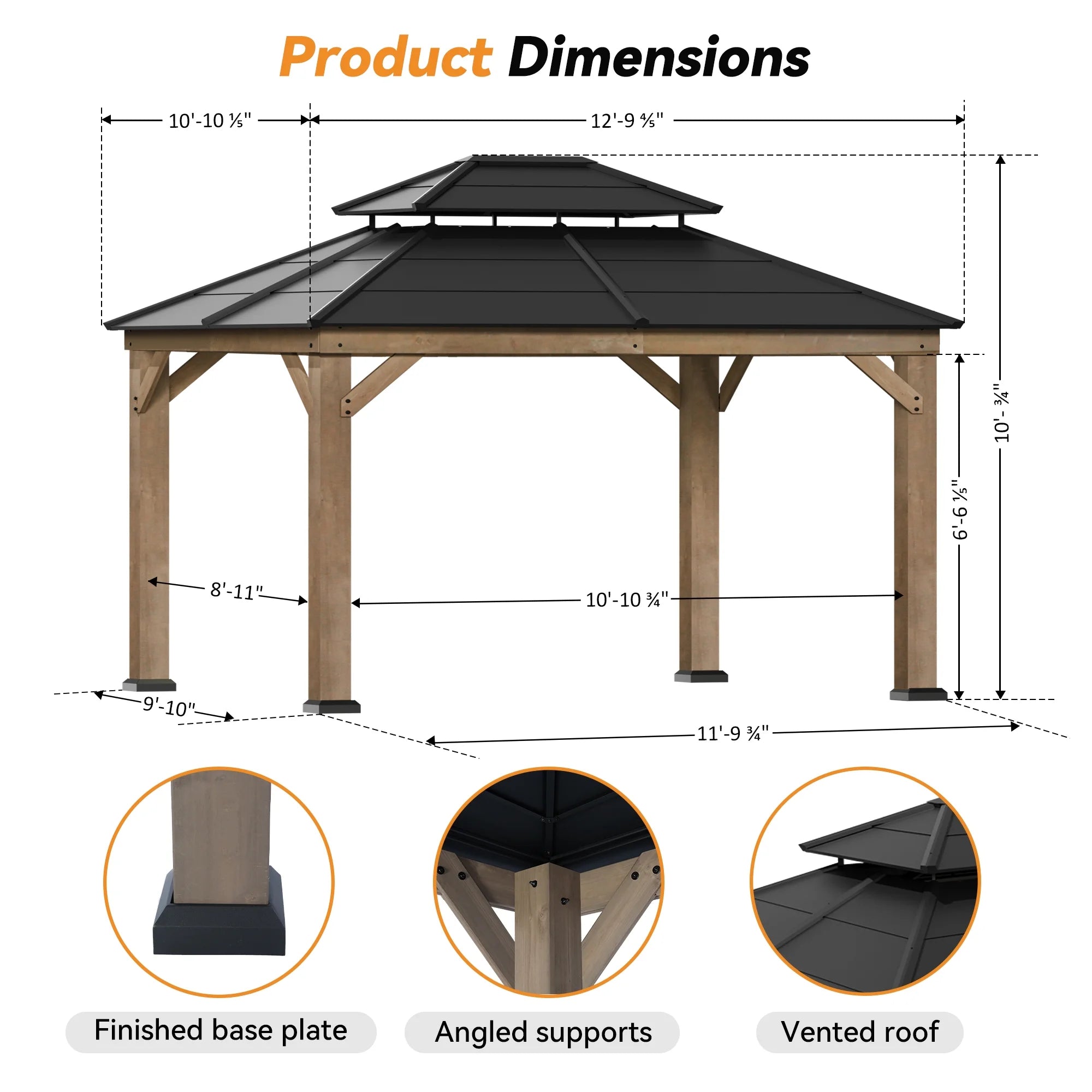 Modern Shade Wood Gazebo 11' x 13', Cedar Framed Wooden Gazebo with Double Galvanized Steel Roof, Hardtop Gazebo with Sturdy Hooks for Garden, Backyard patio and Deck