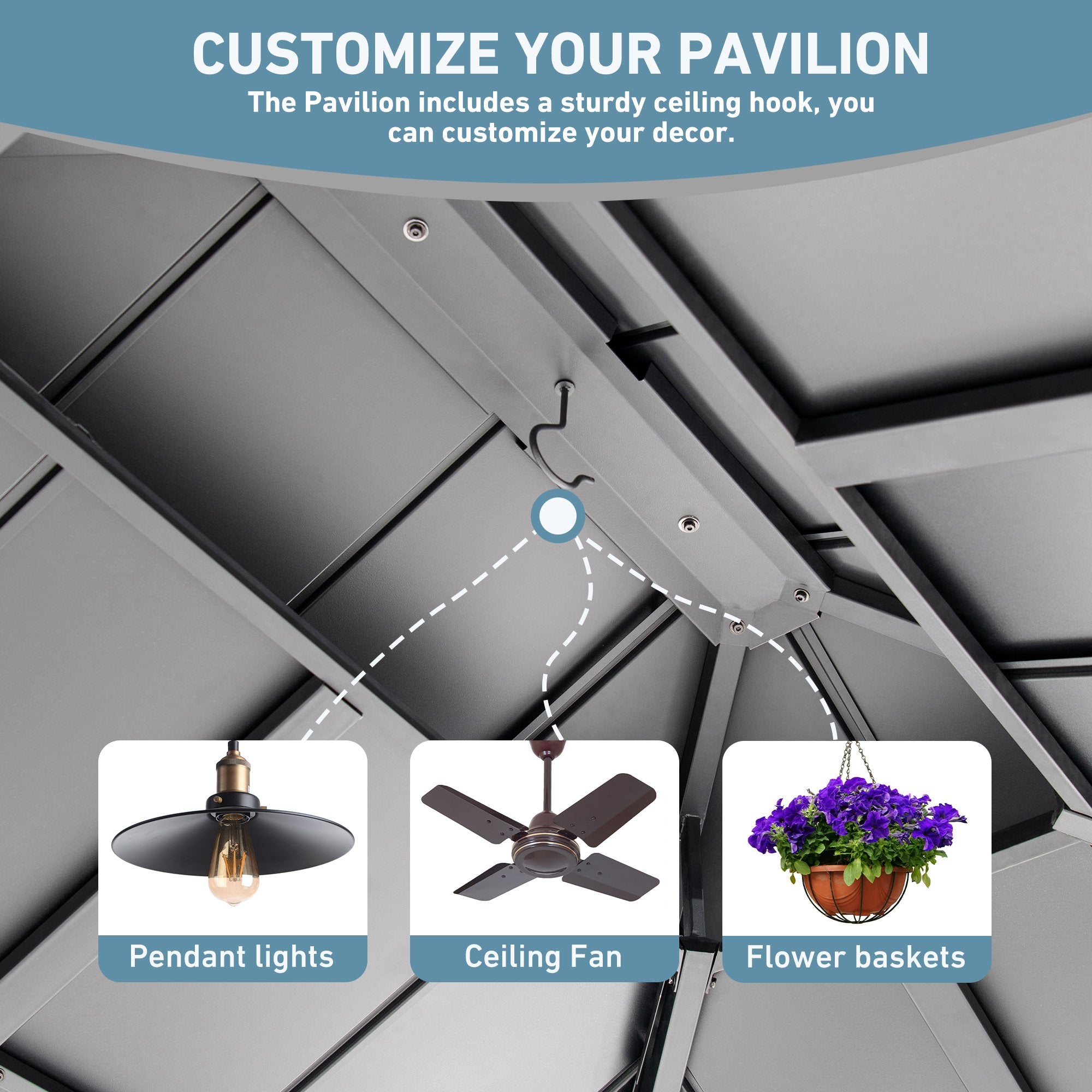 FONA 12'x14' Aluminum Hardtop Gazebo with LED Lights,Netting,Curtains & USB Port,Brown