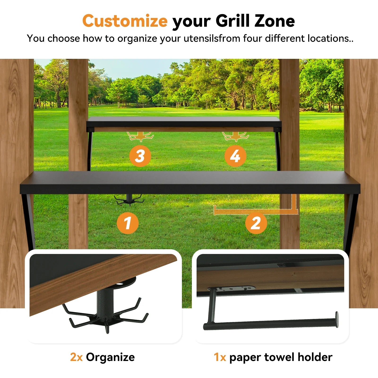 Modern Shade Grill Gazebo 6' X 8', Cedar Wood Gazebo with Shelves and Paper Towel Holder, Patio Gazebo with Galvanized Steel Roof, USB and USB-C Charging Ports, BBQ Gazebo for Patio Backyard