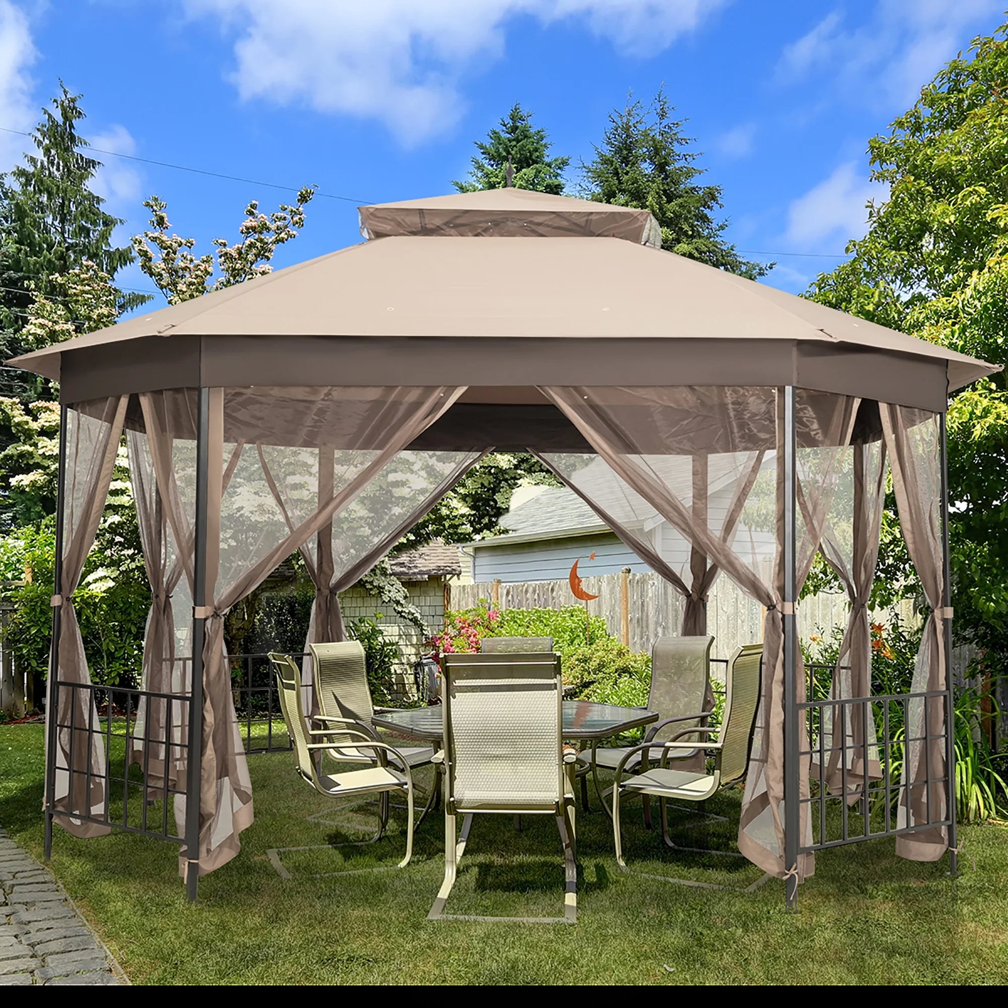 Covered Outdoor 11x13 Patio Gazebo Canopy Tent,Pop Up Gazebo with LED Lighting,Soft-Top Dual Roof Design