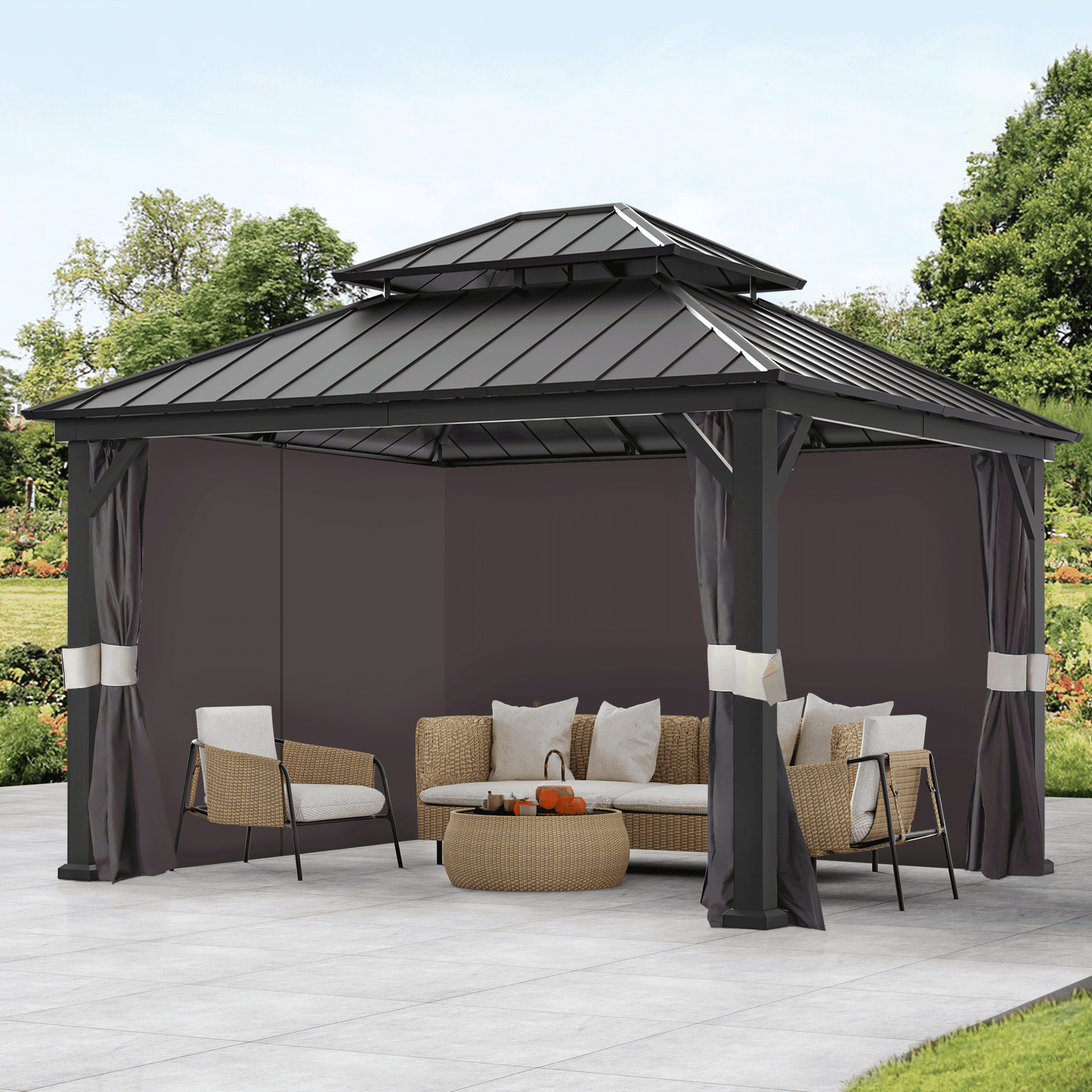 Covered Outdoor Gazebo Replacement Privacy Curtain with Zipper, Gazebo Yarn-Dyed Fabric Sidewalls Outdoor Privacy Panel Suitable for 10'x 10' Gazebo (Privacy Curtain Only)