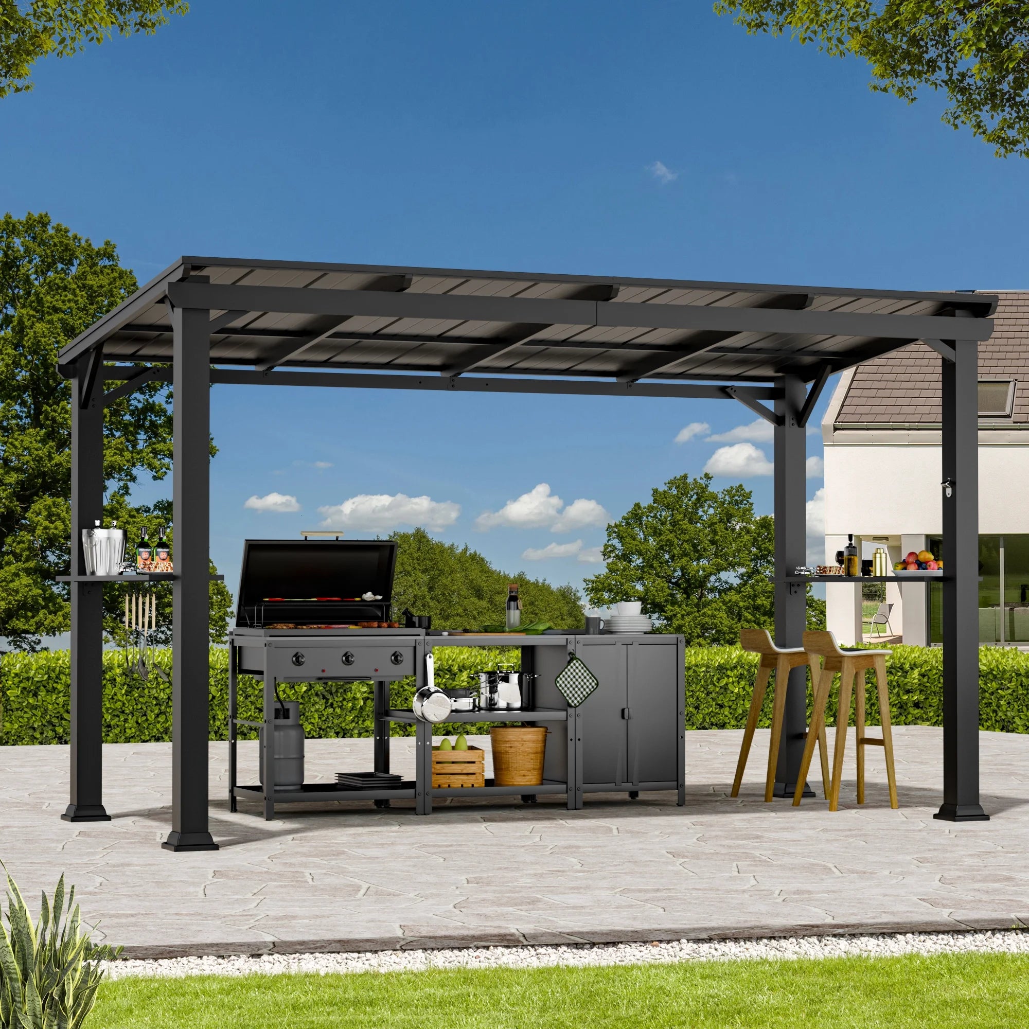 Covered Outdoor Hardtop Grill Gazebo 6'x12'with Side Shelf, Outdoor Gazebo with Bottle Opener & Hooks, Grill Canopy with Sturdy Rustproof Design for Backyard, Garden, Patio,Black