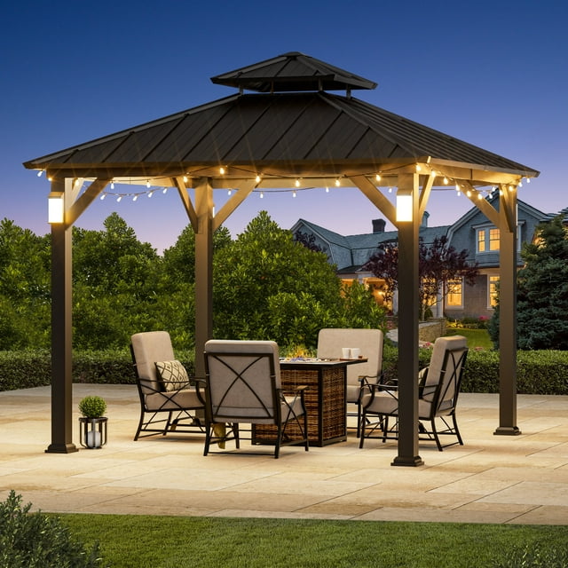 FONA 10'x10' Hardtop Metal Gazebo with LED Light,All-Weather Outdoor Pavilion for Patio,Garden,Black