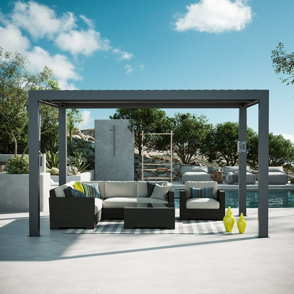 FONA 10'x12' Aluminum Louvered Pergola, Adjustable Roof, USB Charging, Black for Patio