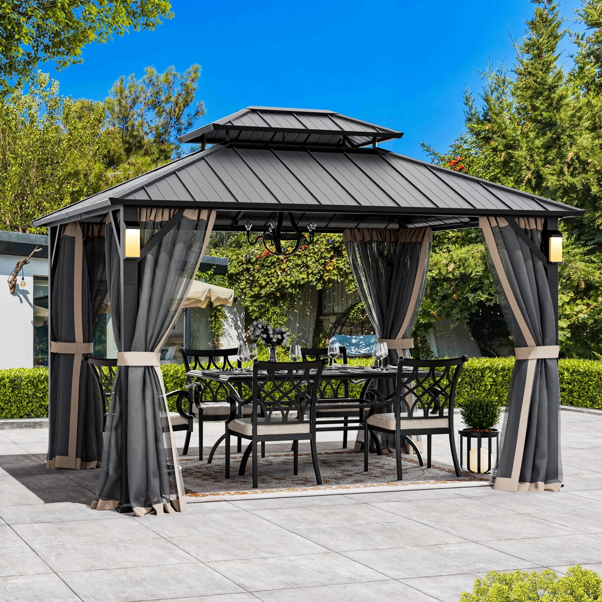 FONA 10'x12'Hardtop Gazebo with LED Light,Double Roof,Mosquito Netting & Hooks,Outdoor Pavilion,Black