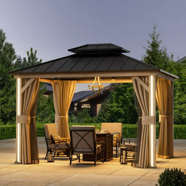 FONA 10'x12' Hardtop Gazebo with LED Lights,Double Roof,USB Port,Netting & Curtains for Patio,Brown