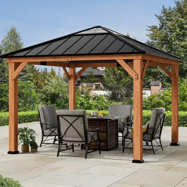 FONA 11'x11' Wood Gazebo with Galvanized Steel Roof & Sunshine Board,Permanent Hardtop Pavilion