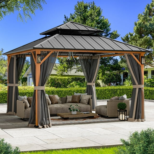 FONA 12'x14' Permanent Hardtop Gazebo with LED Lights,Double Roof,Mosquito Netting & Hooks