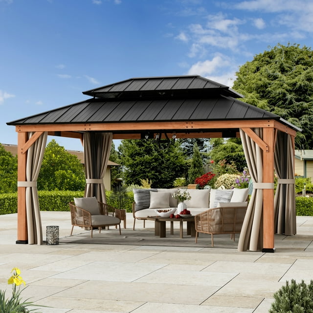 FONA 12'x16' Rosewood Cedar Grill Gazebo,Double Galvanized Steel Roof & Sturdy Hooks for Backyard