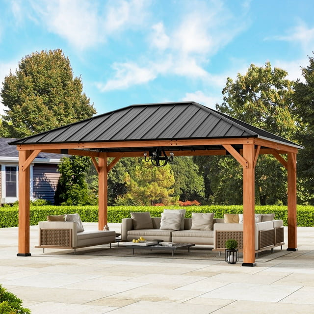 FONA 12'x16' Wood Gazebo,Permanent Hardtop Gazebo with Galvanized Steel Roof Hardtop