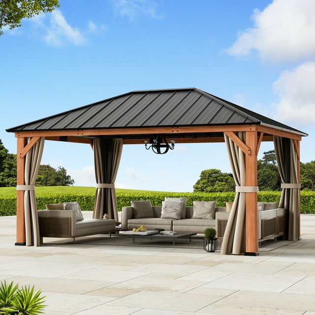 FONA 12'x16' Wood Gazebo,Permanent Hardtop Gazebo with Mosquito Net,with Galvanized Steel Roof Hardtop