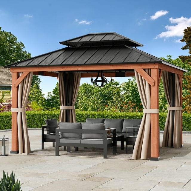 FONA 13'x15' Rosewood Cedar Grill Gazebo,Double Steel Roof,Mosquito Netting&Curtains for Backyard